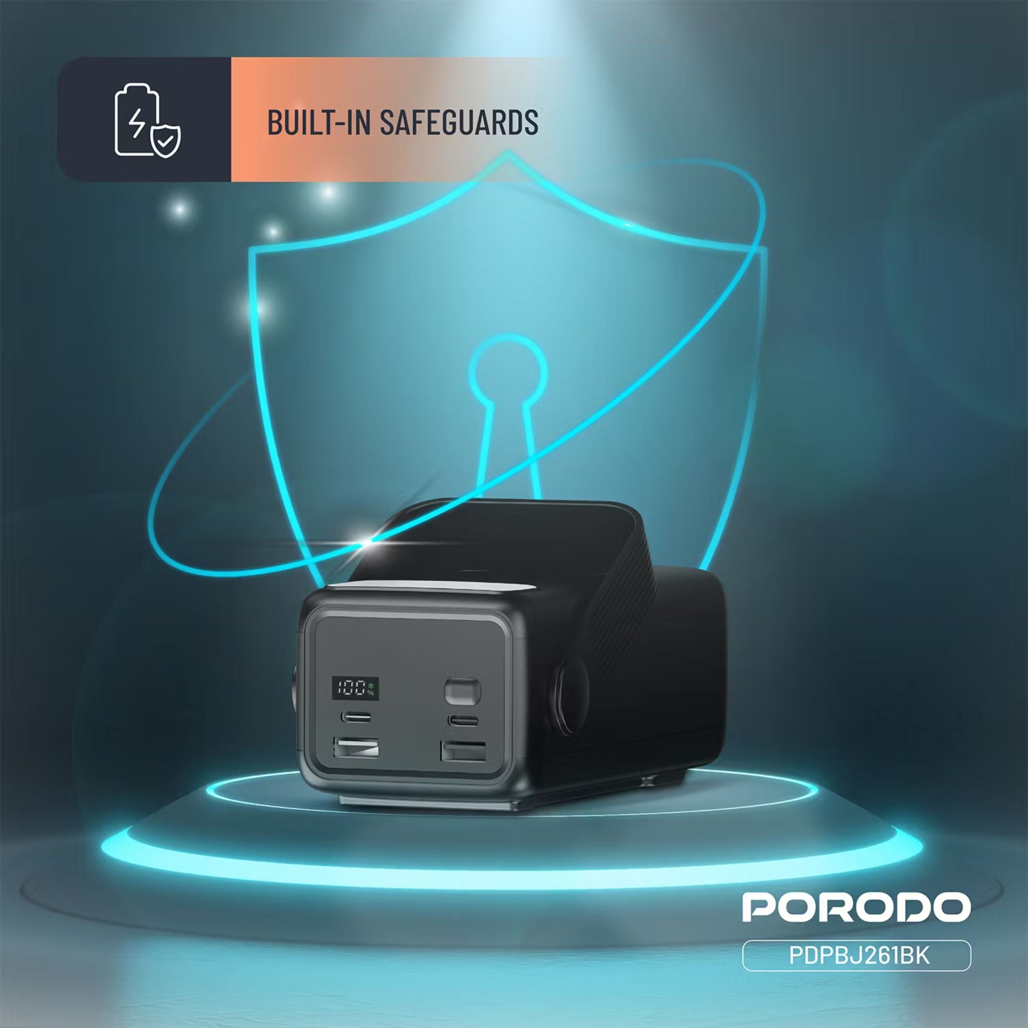 Porodo Lara 30000mAh Power Bank with Flashlight, Portable Handle, PD 20W, Fast Charging, ×2 USB-A & USB-C & Micro Ports, 4 Integrated Cables, Universal Compatibility - Black