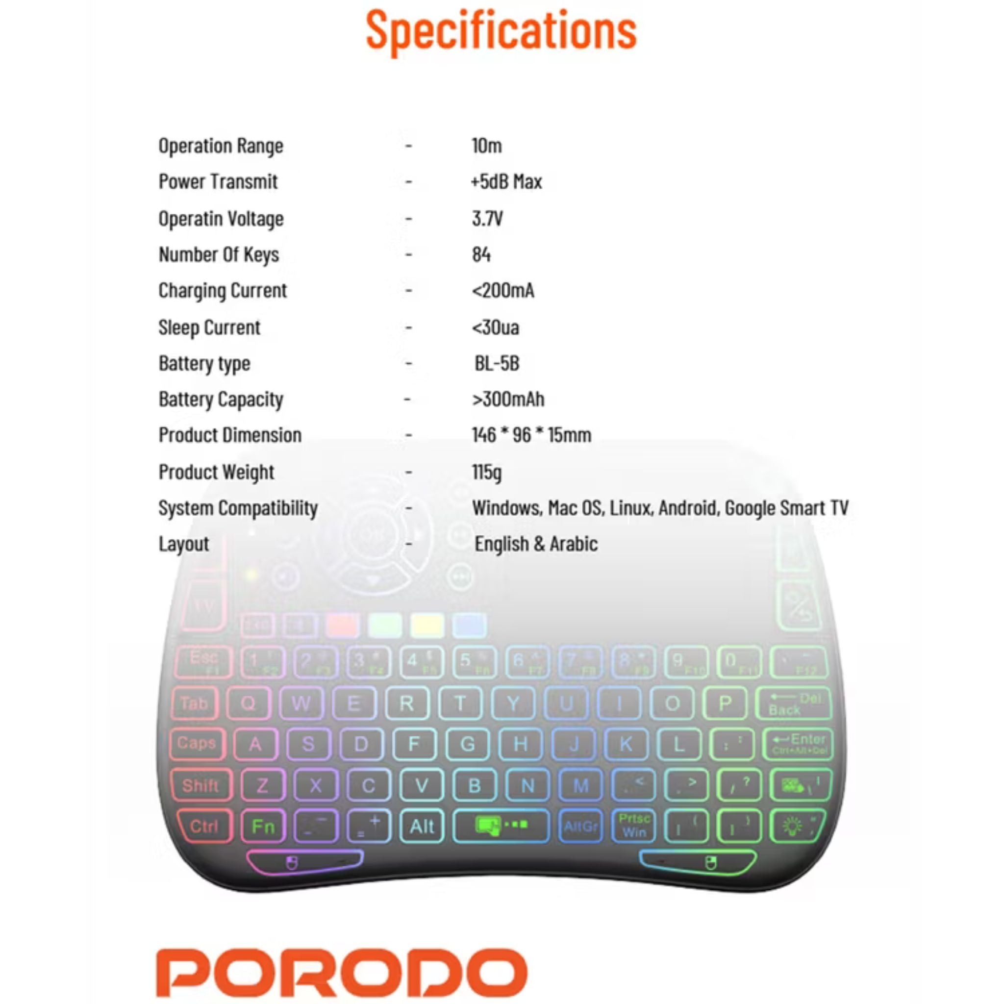 Porodo Gaming Remote Keyboard & Mouse with Programmable Buttons, Gesture Recognition, 10m Operational Range, 84 Keys, 5.2 Bluetooth, 300mAh Battery - Black