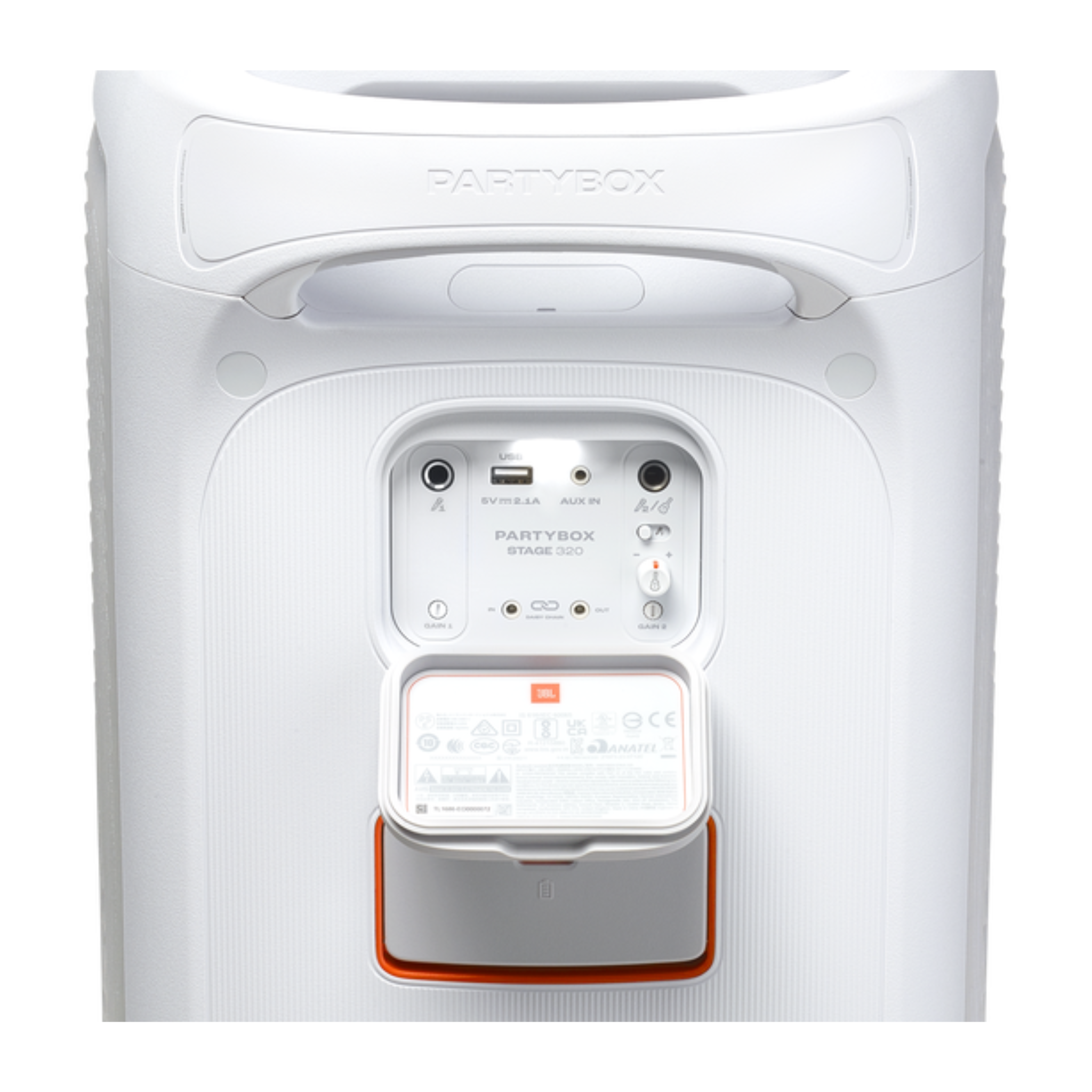 JBL Partybox 320, Portable Bluetooth 240W Party Speaker, AI Sound Boost, Futuristic Light Show, Multispeaker Connection by Auracast, Telescopic Handle & Wheels, Dual Guitar & Mic Inputs - White