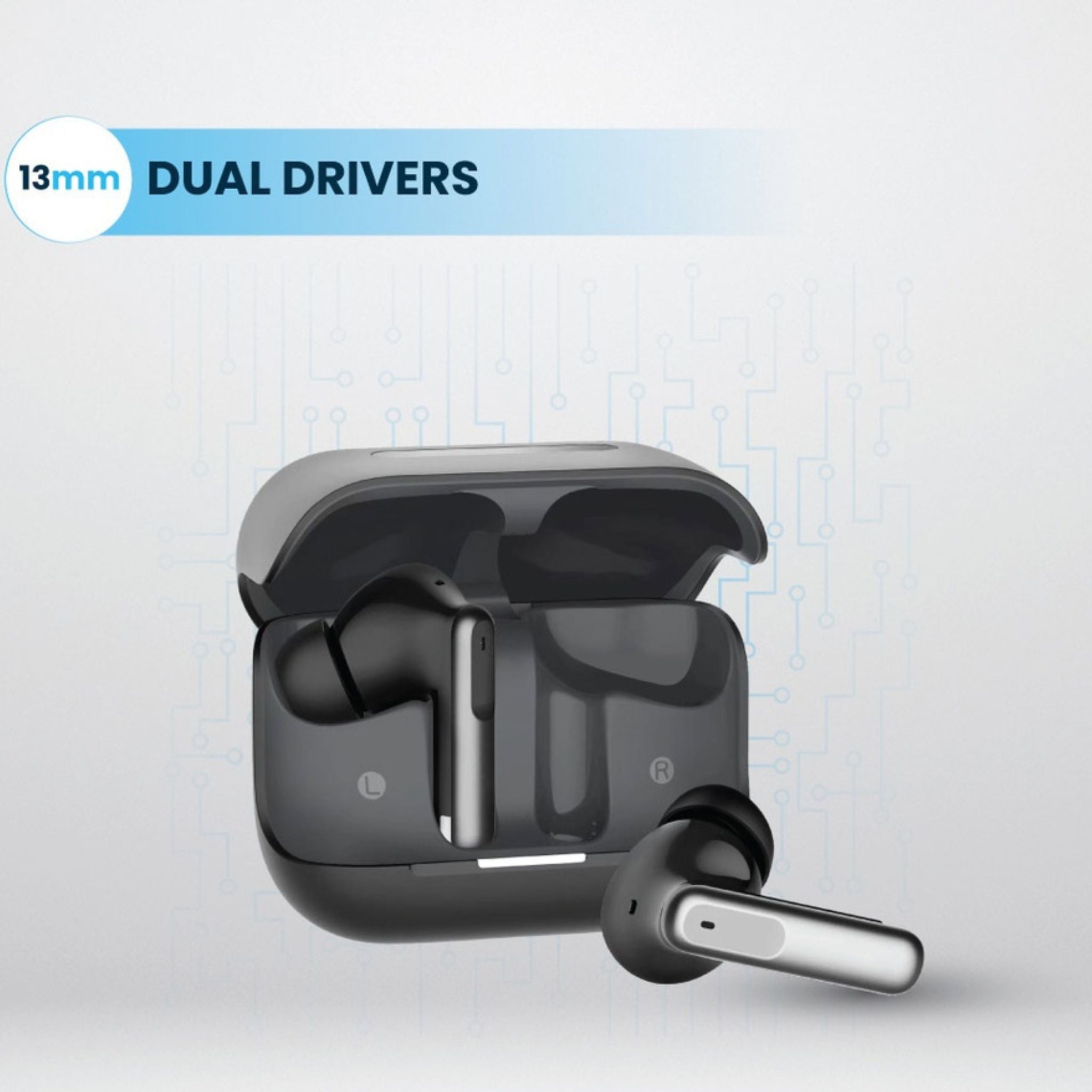 Powerology Hybrid True Wireless Earbuds with ANC + ENC, 6 Microphone, Bluetooth Version 5.3 & Type-C Charging Port - Black