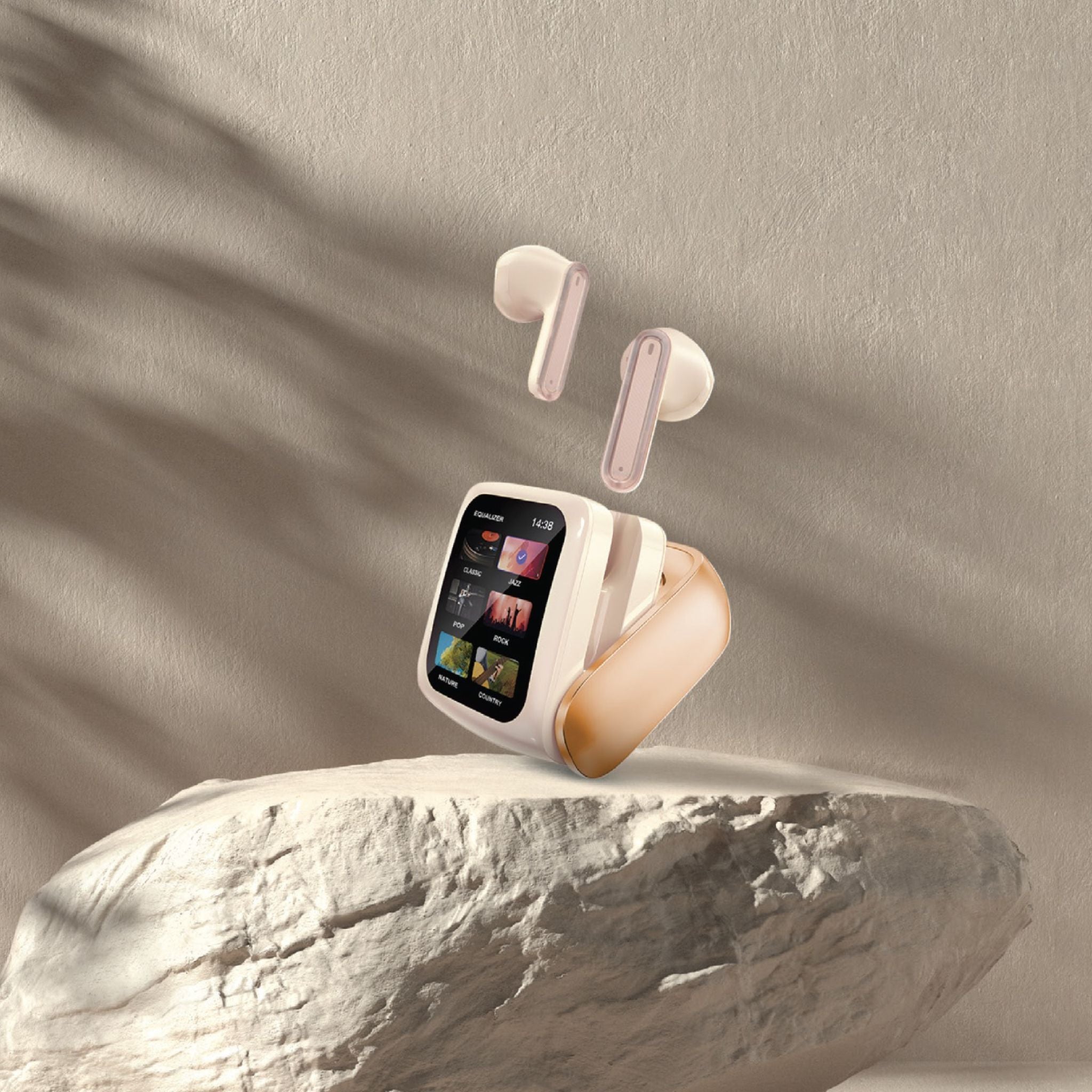 Green Lion Smart Display Earbuds with Multi-Function Touch Screen, Up to 5 Hours Play Time, 13mm Brass Speaker Driver, 500 mAh Charging Case Battery, Environmental Noise Cancellation Technology - Beige