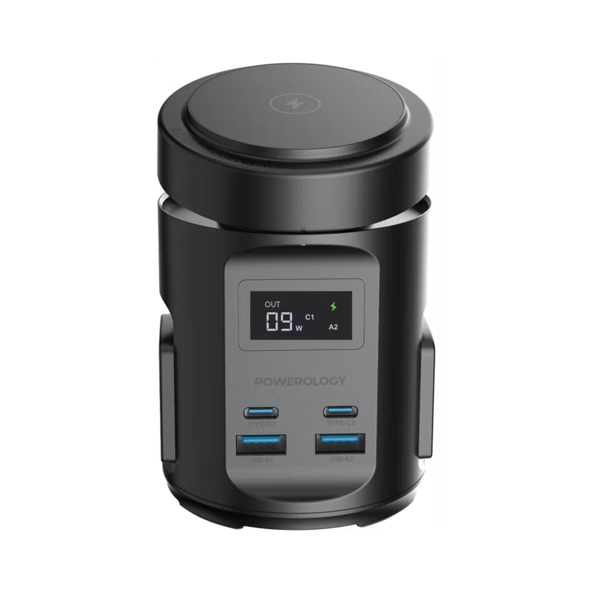 Black power adapter with digital display on a white background