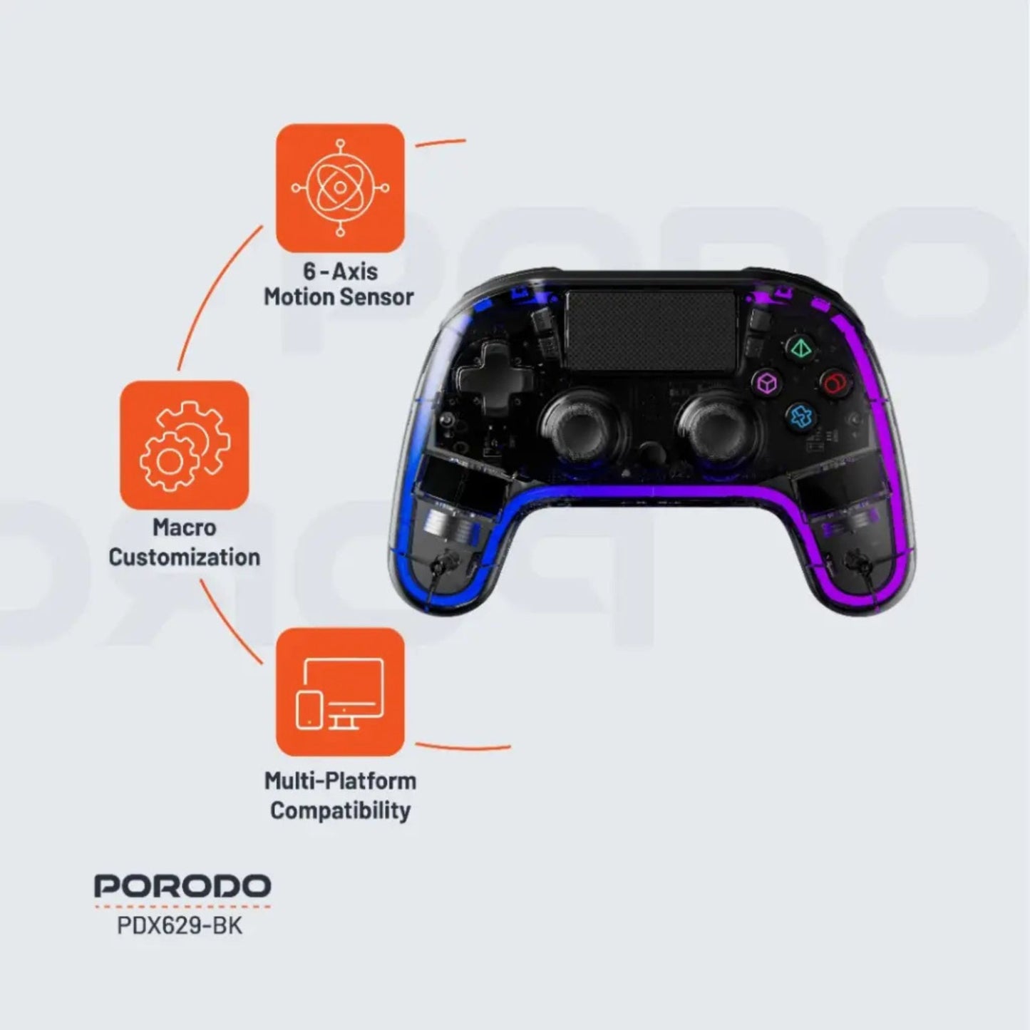 Porodo Gaming PS4 Gamepad Transparent Controller, PS4, PS3, PC (D-INPUT, X-INPUT), iOS, Android Compatibility, 3.5mm TRRS Audio Jack, Type-C Charging Port, 6-16 Hours Working Time - Black