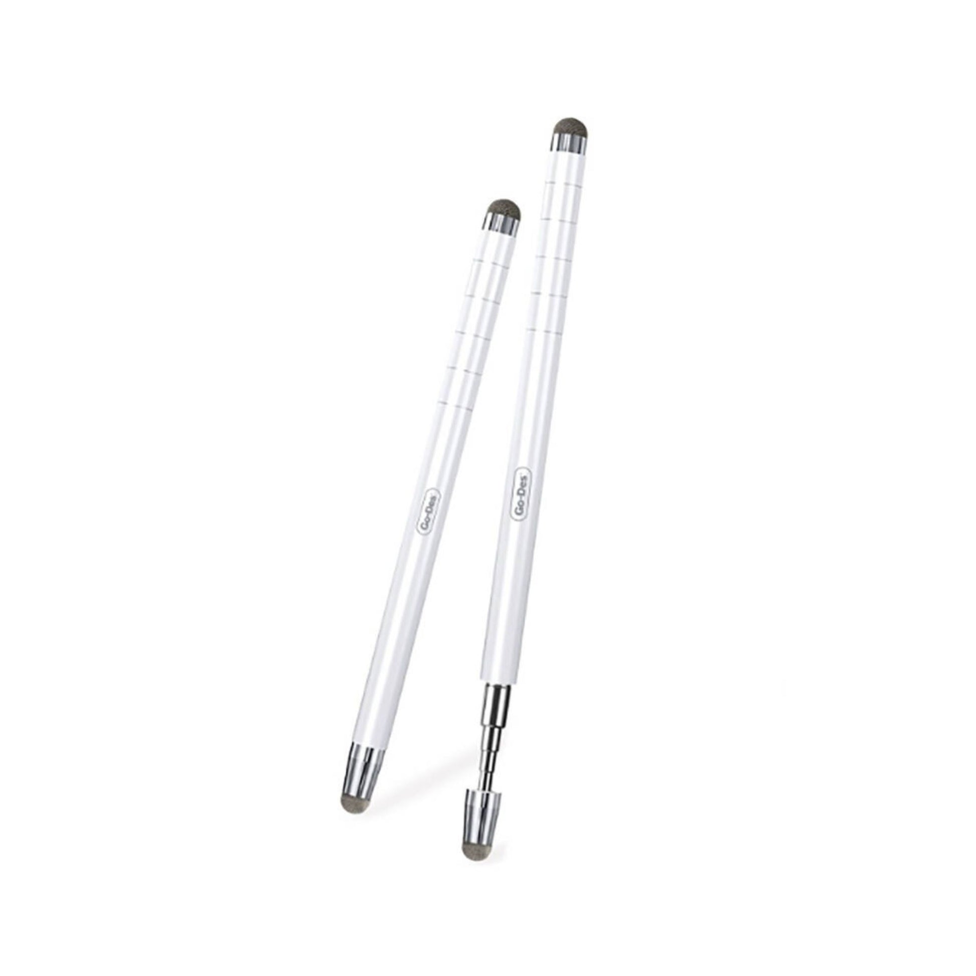 Two white stylus pens with black ends on a white background