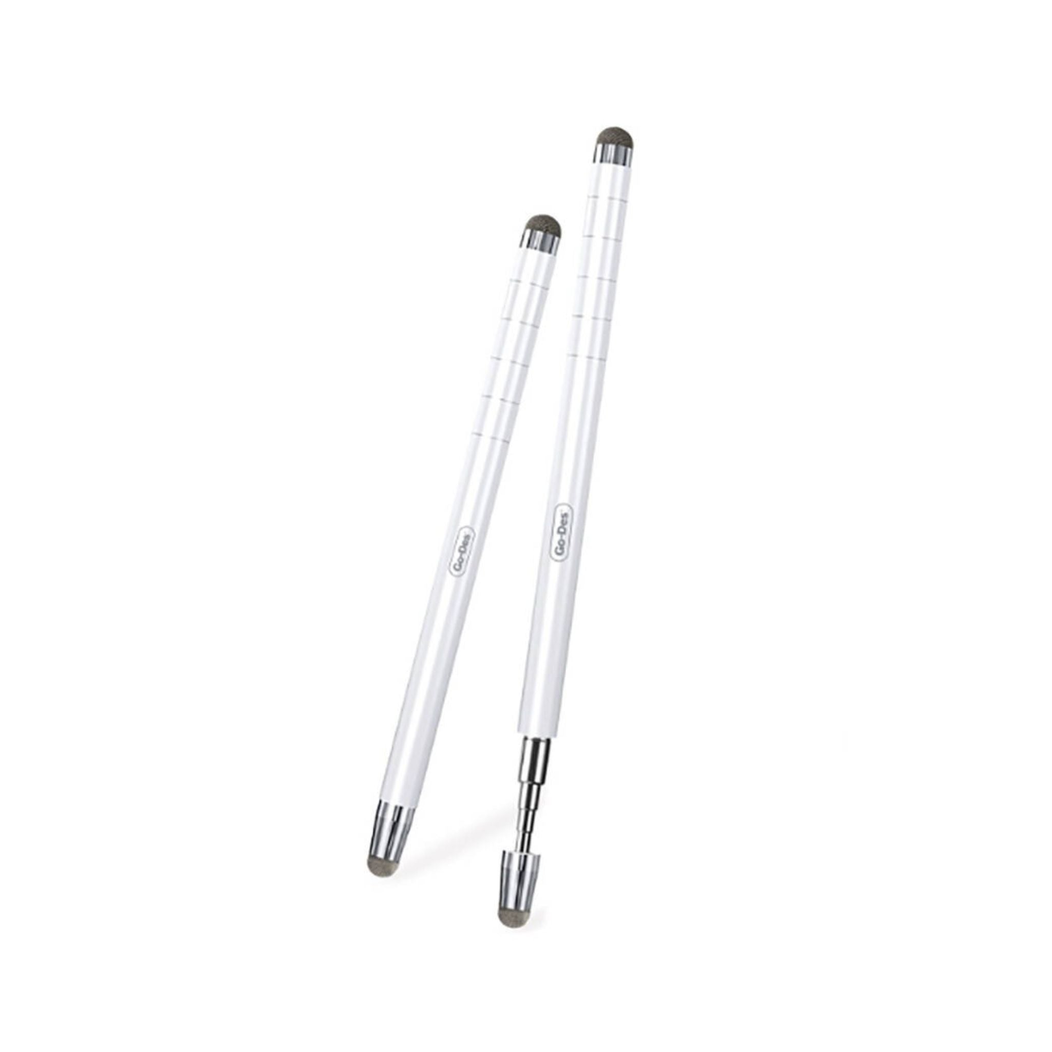 Two white stylus pens with black ends on a white background