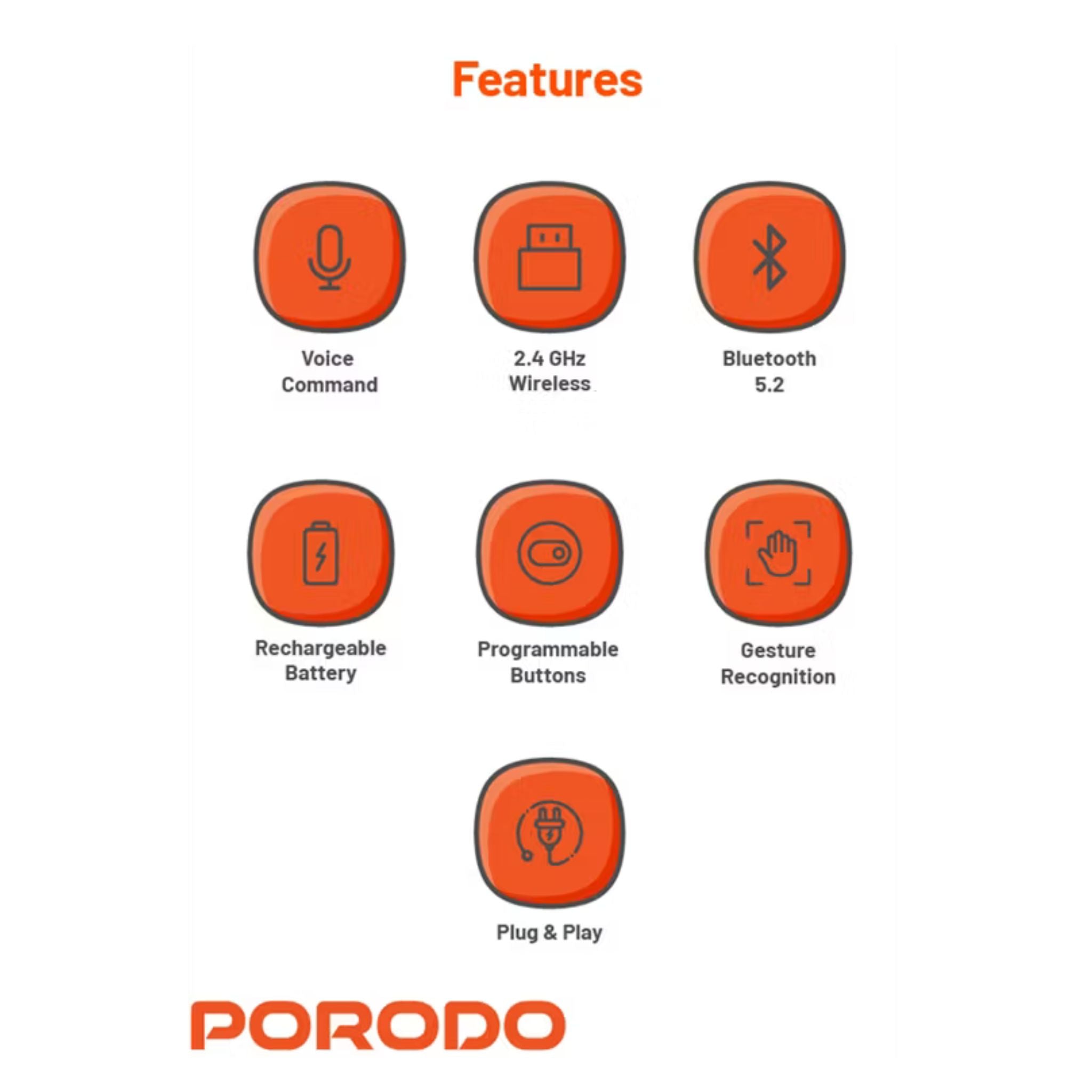 Porodo Gaming Remote Keyboard & Mouse with Programmable Buttons, Gesture Recognition, 10m Operational Range, 84 Keys, 5.2 Bluetooth, 300mAh Battery - Black