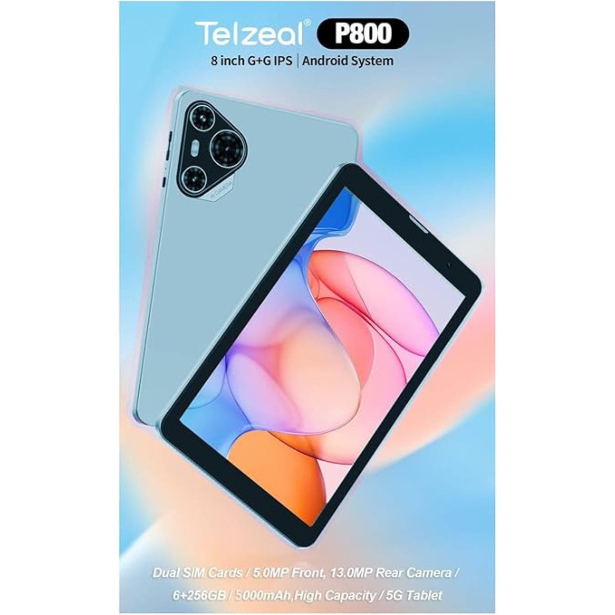 Telzeal P800 Tablet 8 Inch Android 12 Tablet with Dual SIM 6GB RAM 256GB ROM 5G WiFi 5000mAh Battery and Wireless Keyboard -Blue