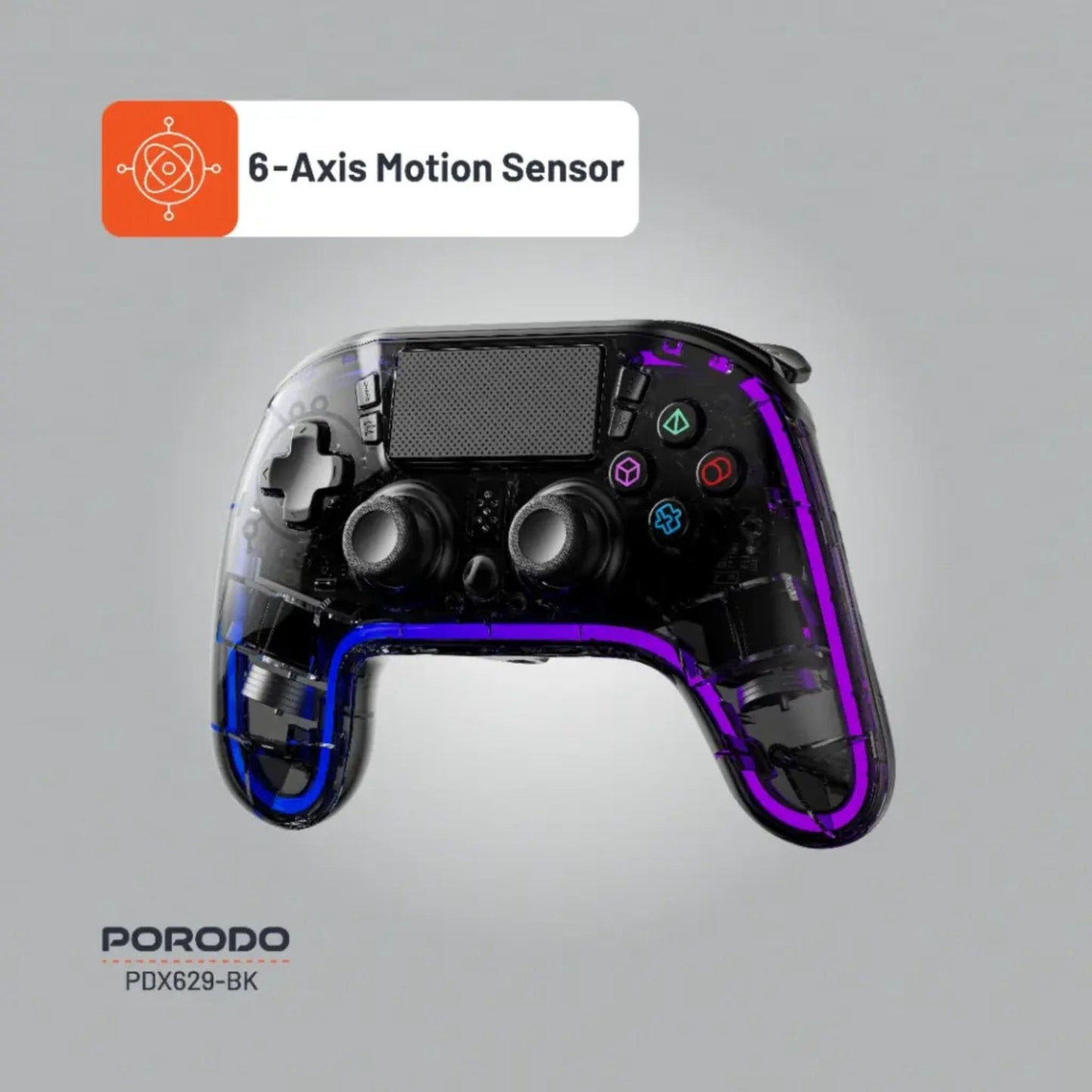 Porodo Gaming PS4 Gamepad Transparent Controller, PS4, PS3, PC (D-INPUT, X-INPUT), iOS, Android Compatibility, 3.5mm TRRS Audio Jack, Type-C Charging Port, 6-16 Hours Working Time - Black