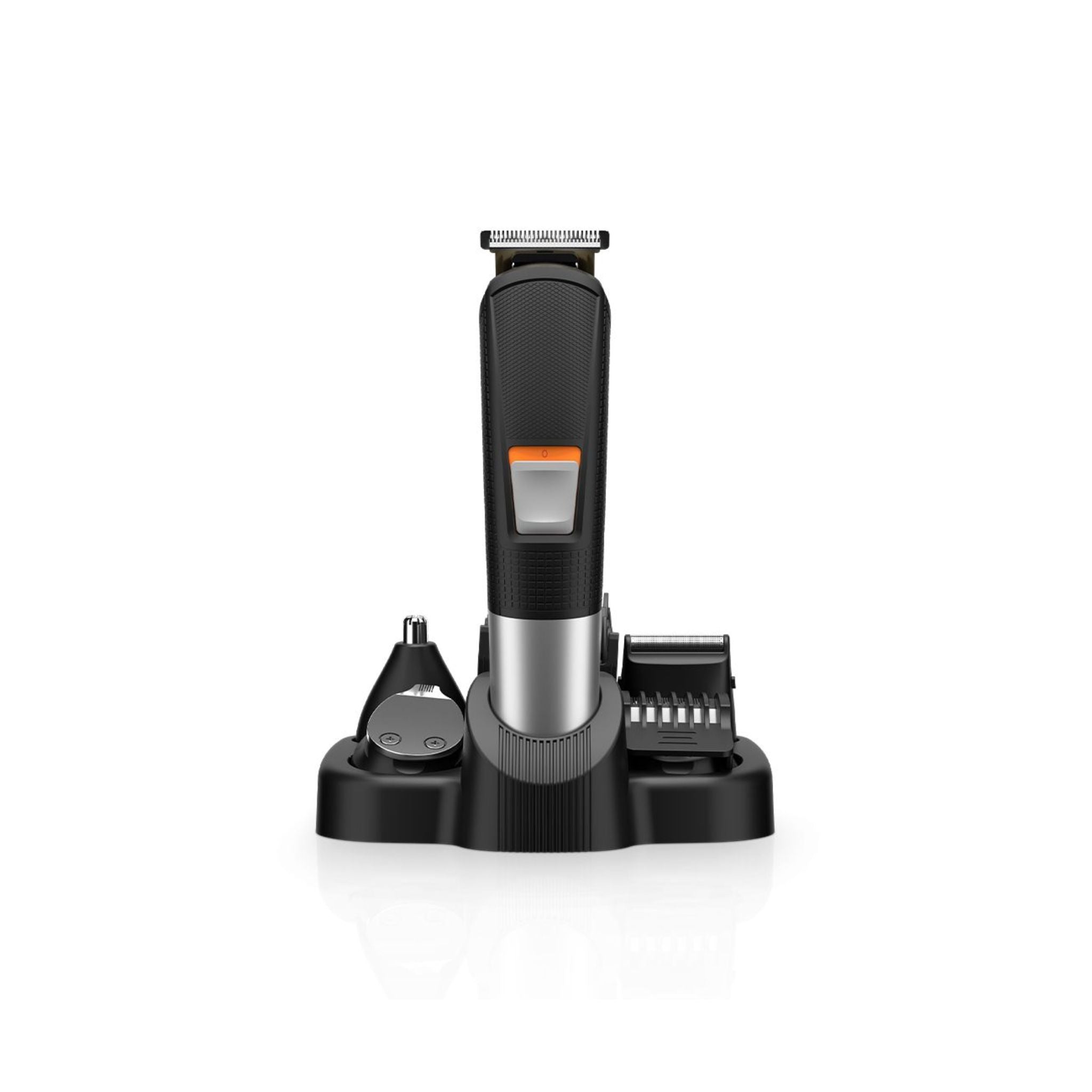 A black Green Lion men's grooming kit with a stainless steel blade and a 4 comb guard, featuring an LED display and a charging base.