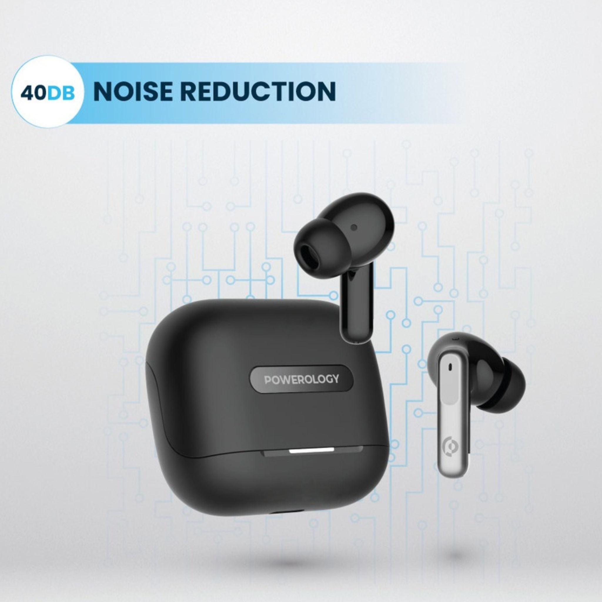 Powerology Hybrid True Wireless Earbuds with ANC + ENC, 6 Microphone, Bluetooth Version 5.3 & Type-C Charging Port - Black