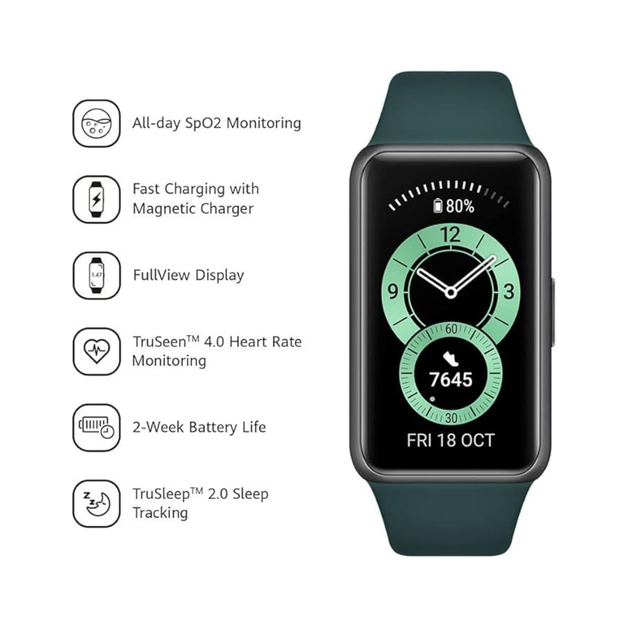 Huawei Band 6, All-Day Spo2 Monitoring, 1.47" Fullview Display, 2-Week Battery Life, Fast Charging, Heart Rate Monitoring, Sleep Tracking, 96 Workout Modes, Message Reminder - Forest Green