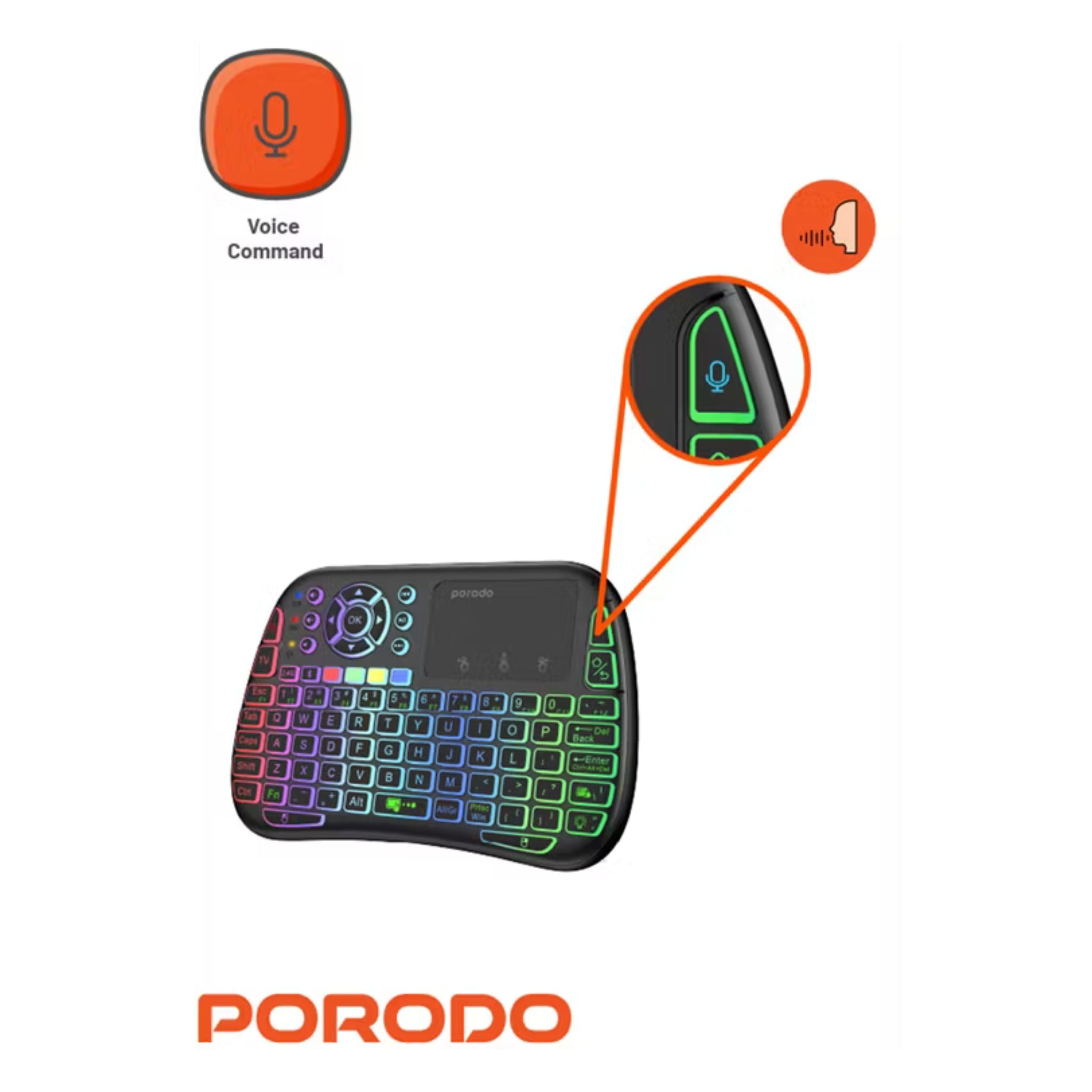 Porodo Gaming Remote Keyboard & Mouse with Programmable Buttons, Gesture Recognition, 10m Operational Range, 84 Keys, 5.2 Bluetooth, 300mAh Battery - Black