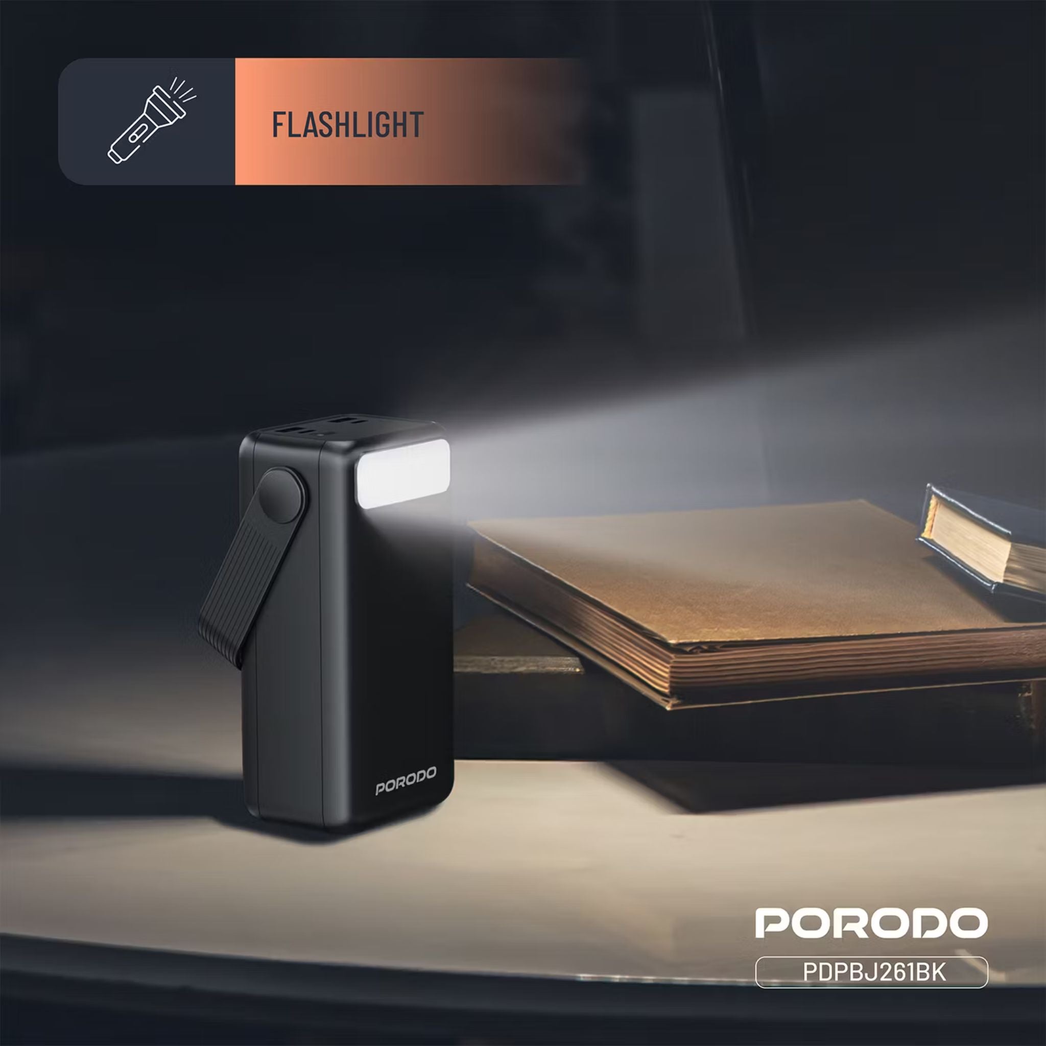 Porodo Lara 30000mAh Power Bank with Flashlight, Portable Handle, PD 20W, Fast Charging, ×2 USB-A & USB-C & Micro Ports, 4 Integrated Cables, Universal Compatibility - Black