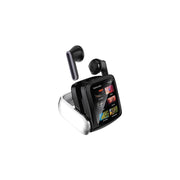 A pair of black Green Lion smart display earbuds with an inline microphone and a charging case.