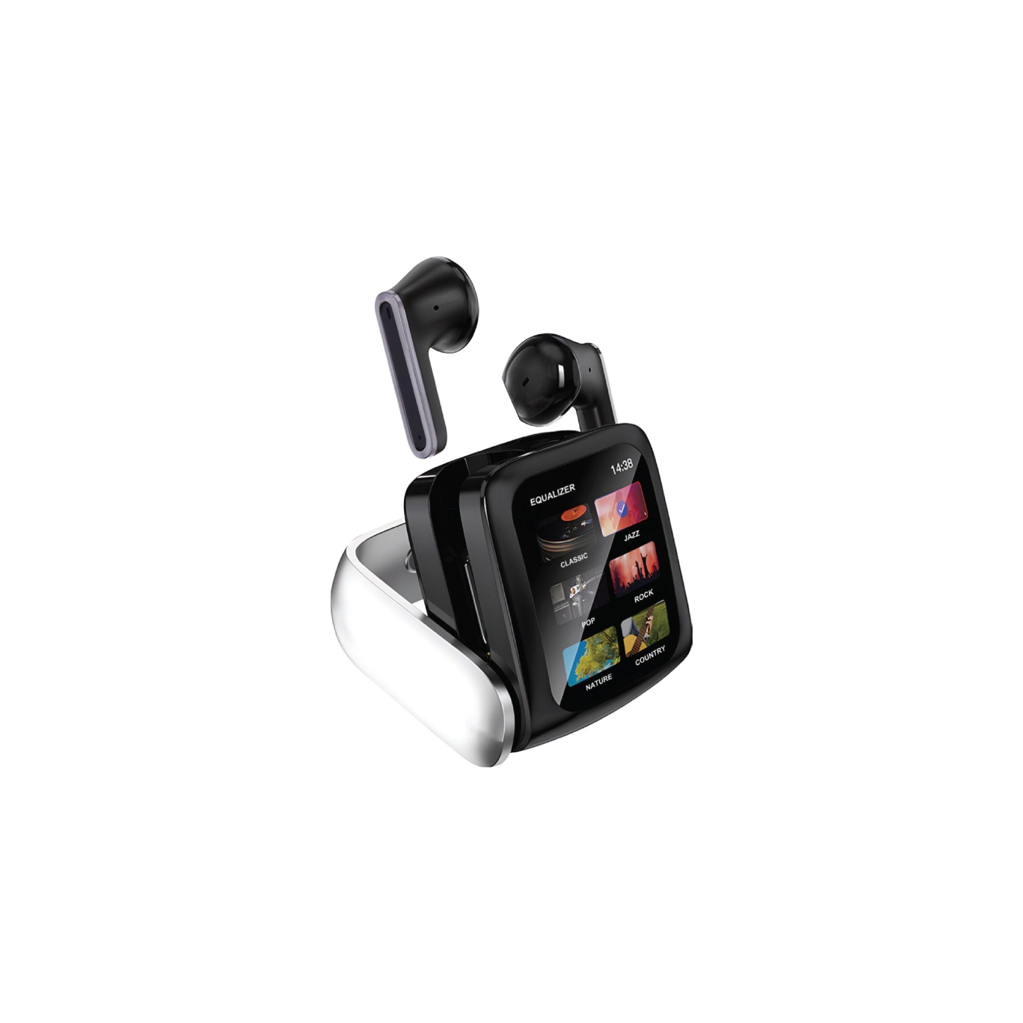 A pair of black Green Lion smart display earbuds with an inline microphone and a charging case.