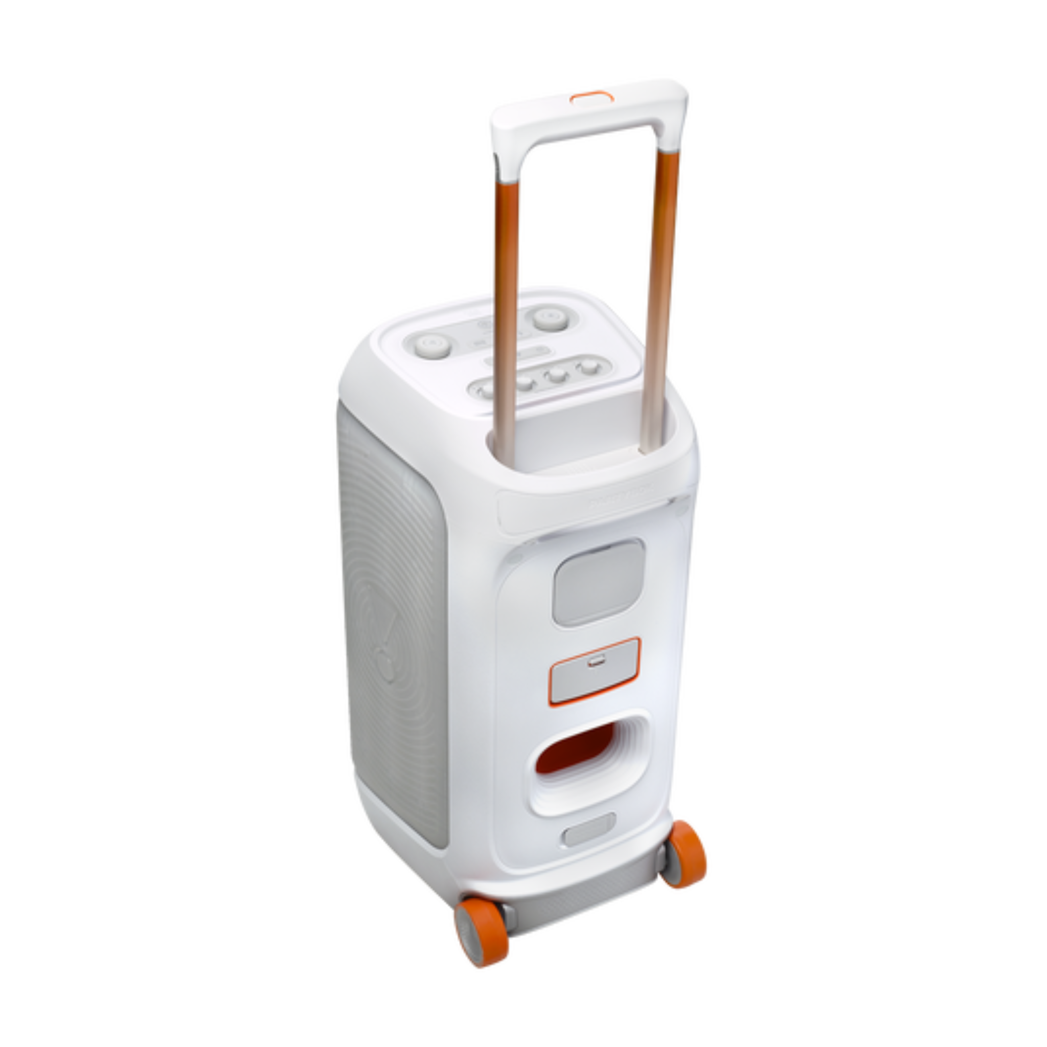 JBL Partybox 320, Portable Bluetooth 240W Party Speaker, AI Sound Boost, Futuristic Light Show, Multispeaker Connection by Auracast, Telescopic Handle & Wheels, Dual Guitar & Mic Inputs - White