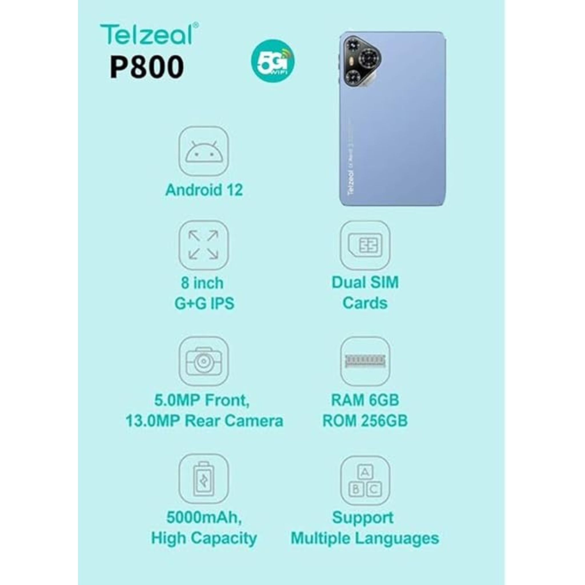 Telzeal P800 Tablet 8 Inch Android 12 Tablet with Dual SIM 6GB RAM 256GB ROM 5G WiFi 5000mAh Battery and Wireless Keyboard -Blue