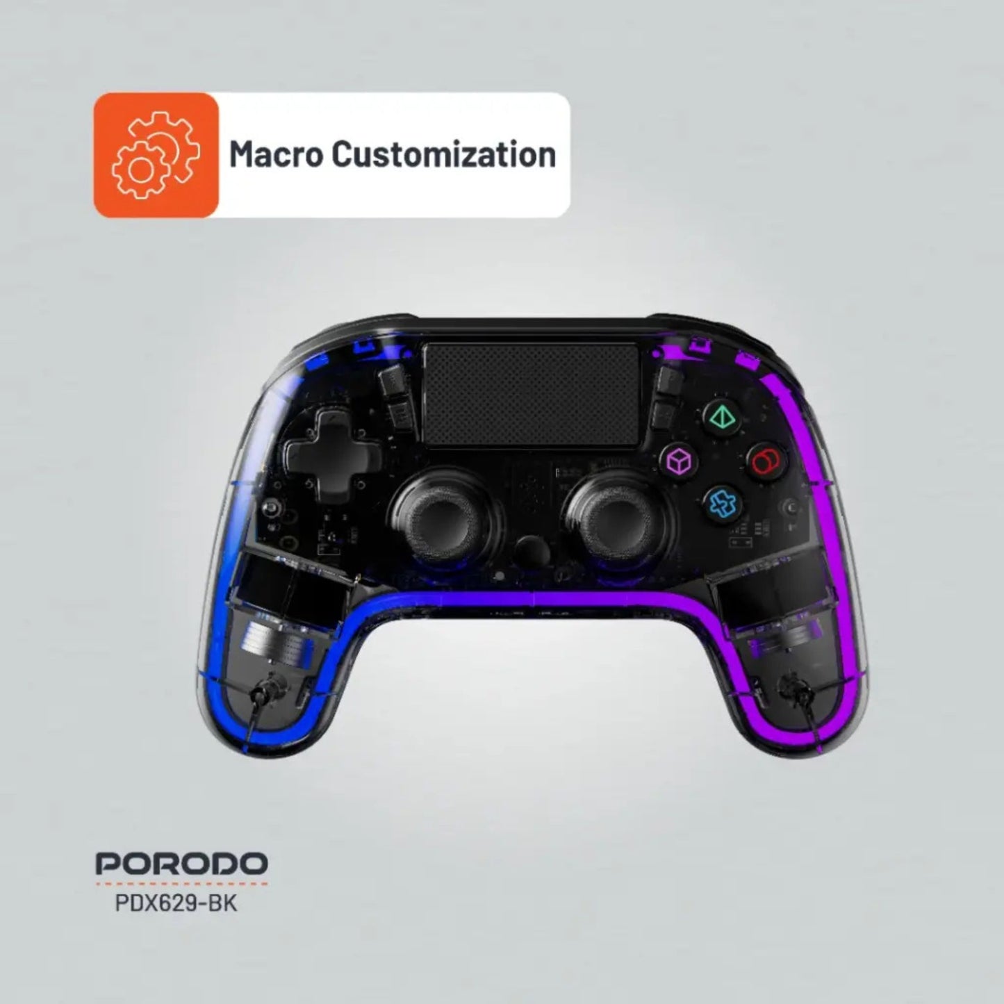 Porodo Gaming PS4 Gamepad Transparent Controller, PS4, PS3, PC (D-INPUT, X-INPUT), iOS, Android Compatibility, 3.5mm TRRS Audio Jack, Type-C Charging Port, 6-16 Hours Working Time - Black