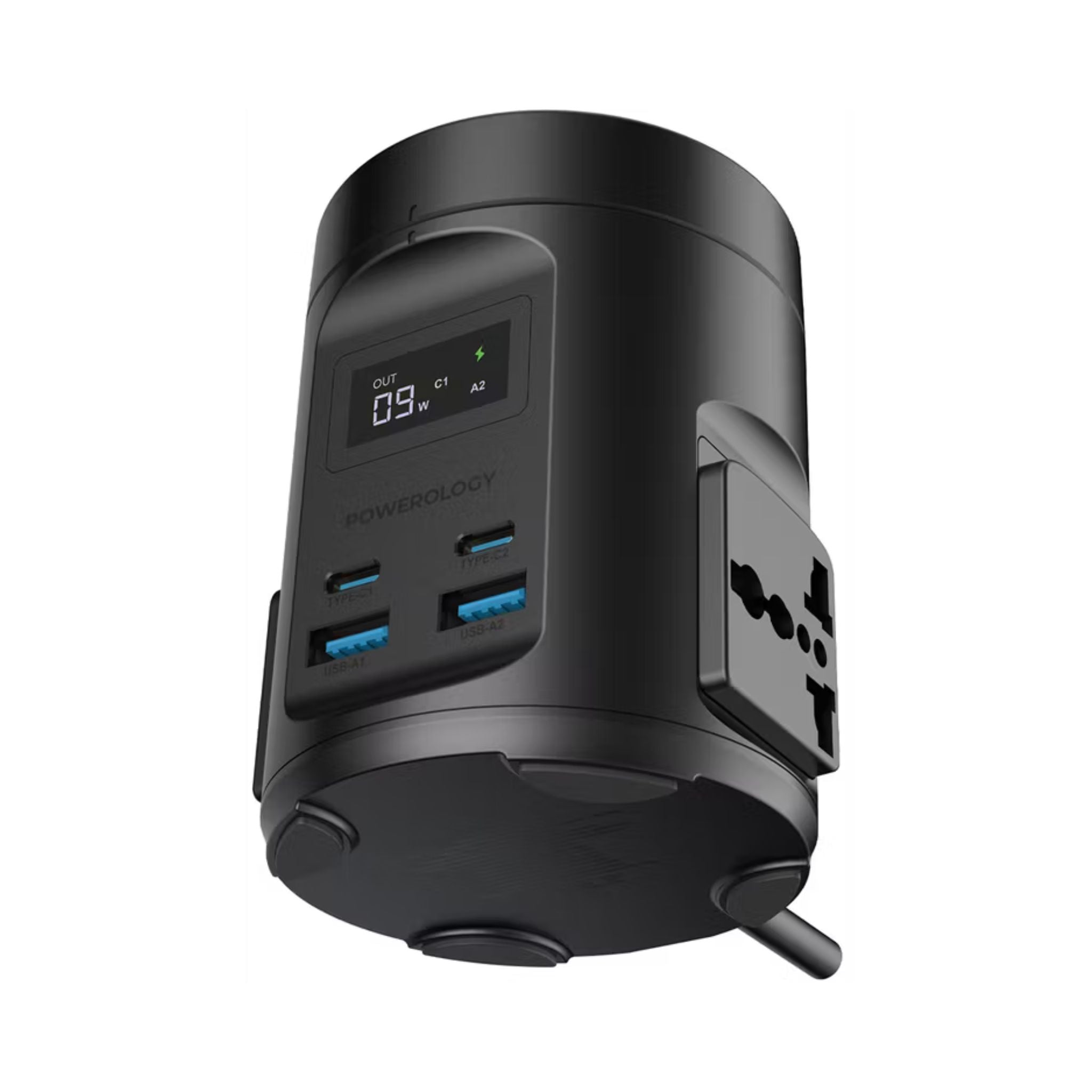 Powerology Magsafe Power Hub with UK Plug, PD 65W, USB-A QC 3.0, Built-in Safeguards, 15W Wireless Charging, 2200W Rated Power - Black