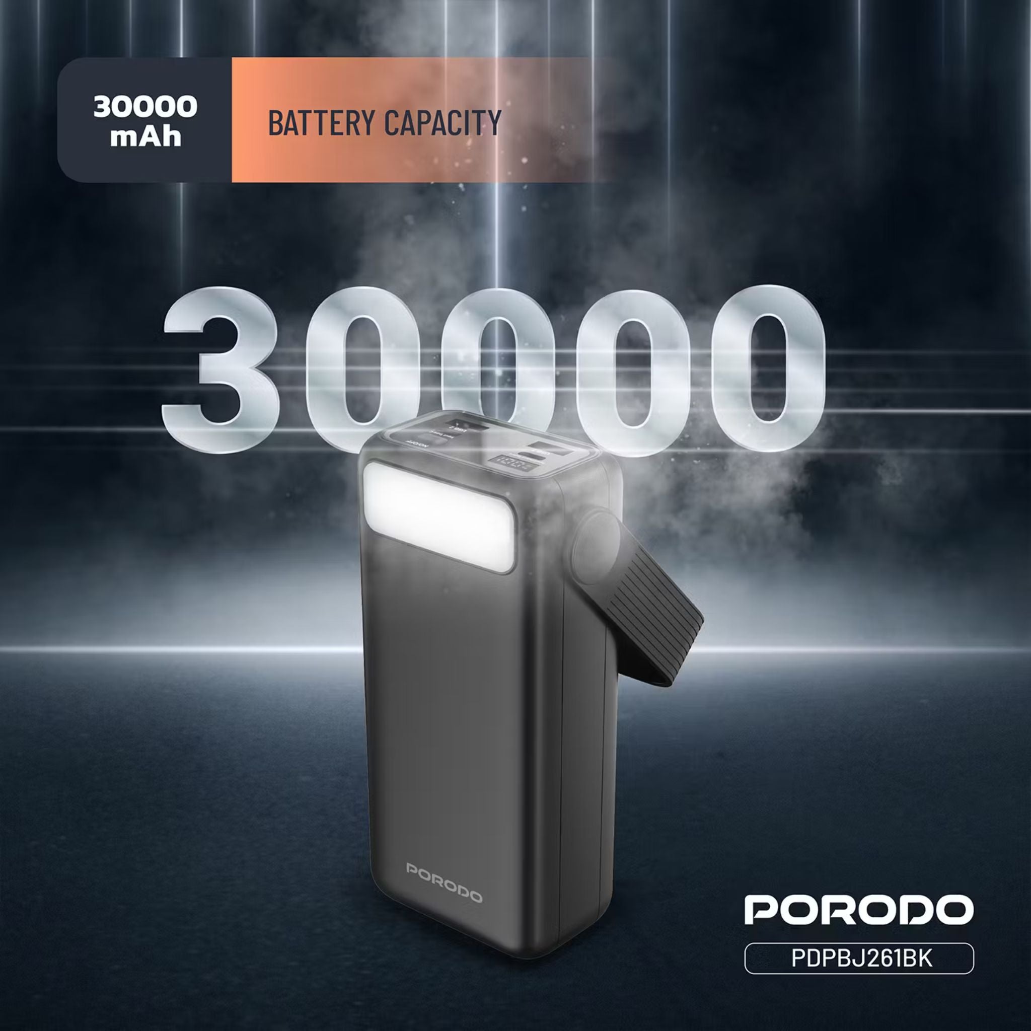 Porodo Lara 30000mAh Power Bank with Flashlight, Portable Handle, PD 20W, Fast Charging, ×2 USB-A & USB-C & Micro Ports, 4 Integrated Cables, Universal Compatibility - Black
