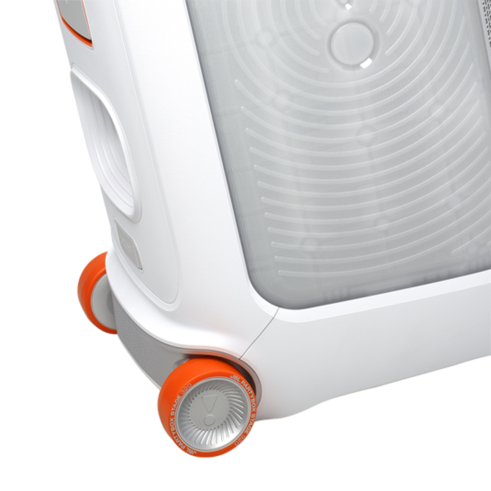 JBL Partybox 320, Portable Bluetooth 240W Party Speaker, AI Sound Boost, Futuristic Light Show, Multispeaker Connection by Auracast, Telescopic Handle & Wheels, Dual Guitar & Mic Inputs - White