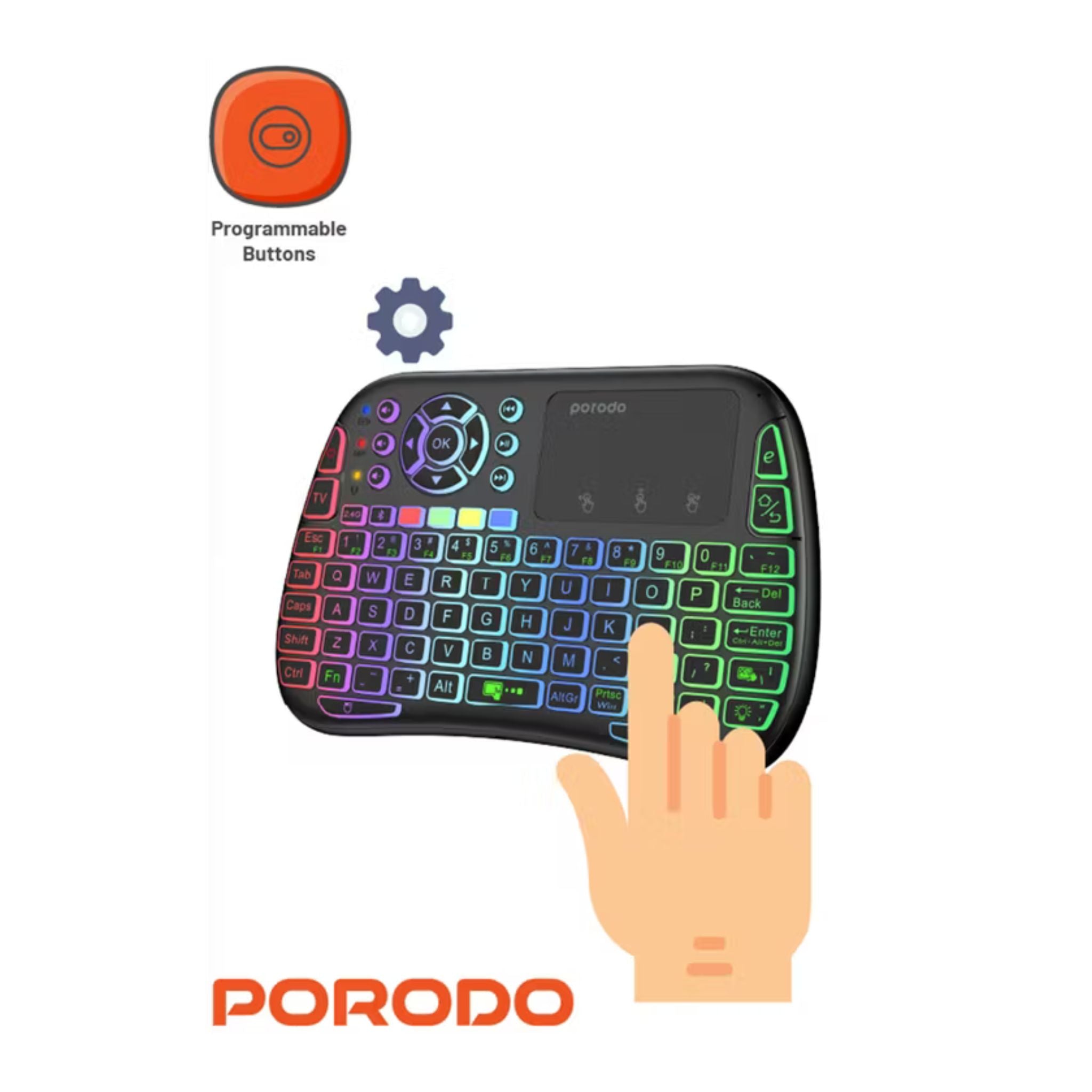 Porodo Gaming Remote Keyboard & Mouse with Programmable Buttons, Gesture Recognition, 10m Operational Range, 84 Keys, 5.2 Bluetooth, 300mAh Battery - Black