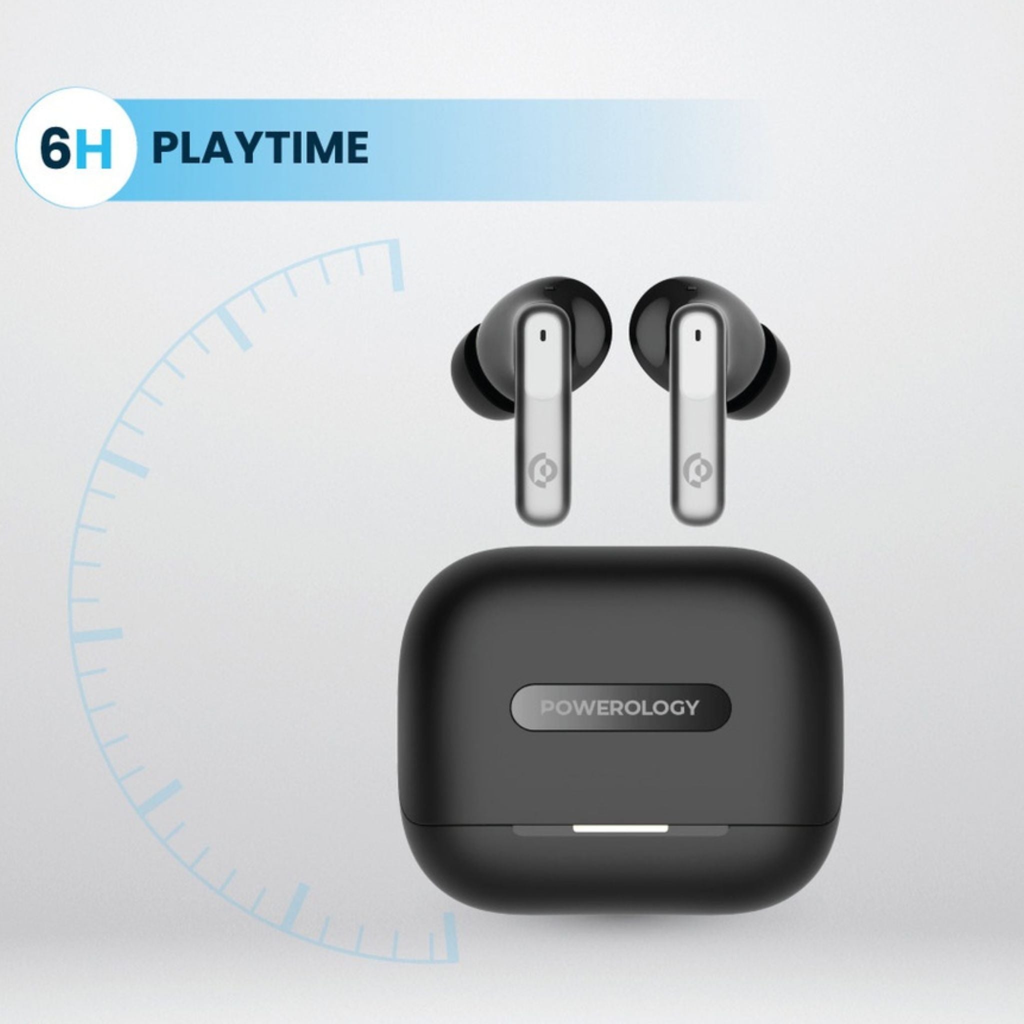Powerology Hybrid True Wireless Earbuds with ANC + ENC, 6 Microphone, Bluetooth Version 5.3 & Type-C Charging Port - Black