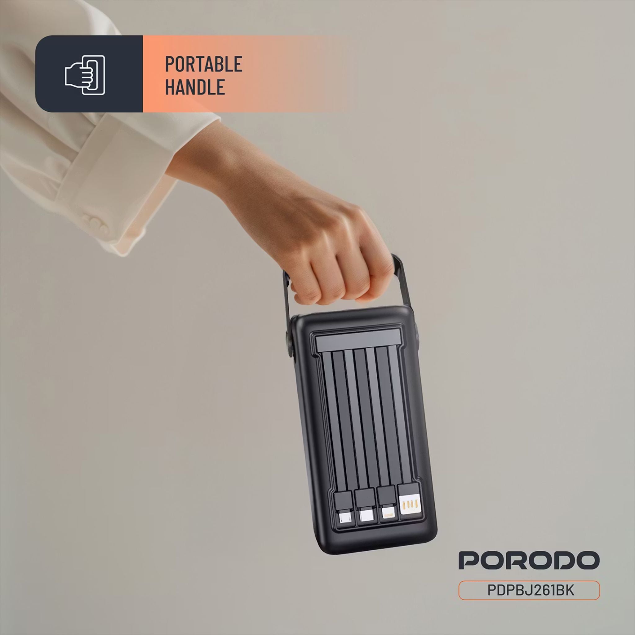 Porodo Lara 30000mAh Power Bank with Flashlight, Portable Handle, PD 20W, Fast Charging, ×2 USB-A & USB-C & Micro Ports, 4 Integrated Cables, Universal Compatibility - Black
