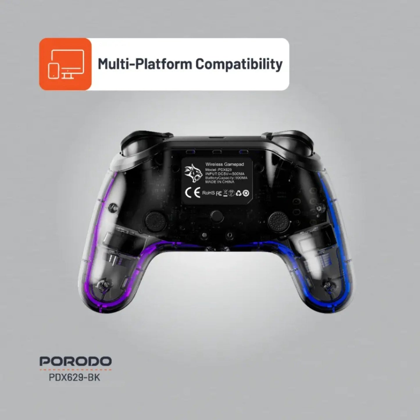 Porodo Gaming PS4 Gamepad Transparent Controller, PS4, PS3, PC (D-INPUT, X-INPUT), iOS, Android Compatibility, 3.5mm TRRS Audio Jack, Type-C Charging Port, 6-16 Hours Working Time - Black