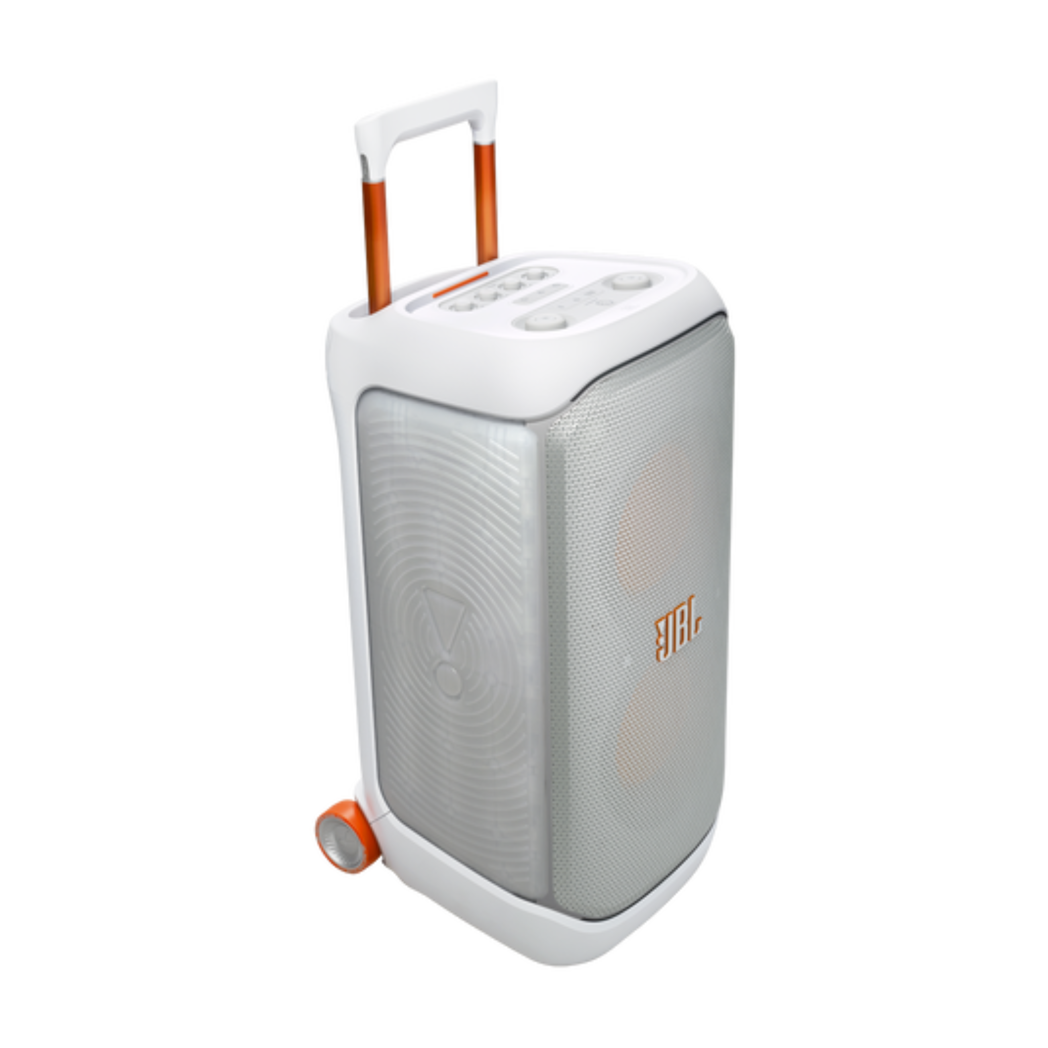 JBL Partybox 320, Portable Bluetooth 240W Party Speaker, AI Sound Boost, Futuristic Light Show, Multispeaker Connection by Auracast, Telescopic Handle & Wheels, Dual Guitar & Mic Inputs - White