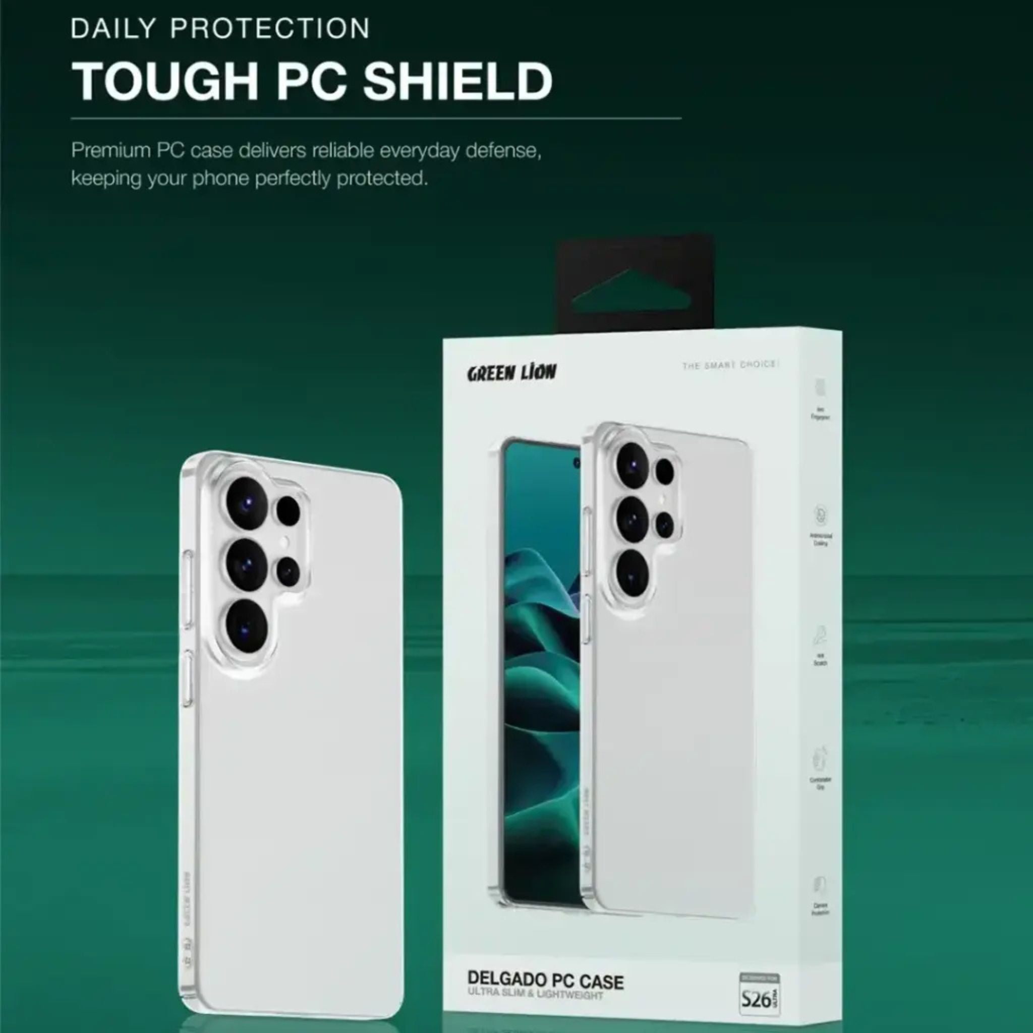 Green Lion Delgado PC Case for S26 Ultra – Ultra Slim & Lightweight, Anti-Scratch, Anti-Fingerprint, Anti-Yellowing, Camera Protection, Comfortable Grip with High-Stiffness Durable Construction and Anti-Microbial Coating – Clear