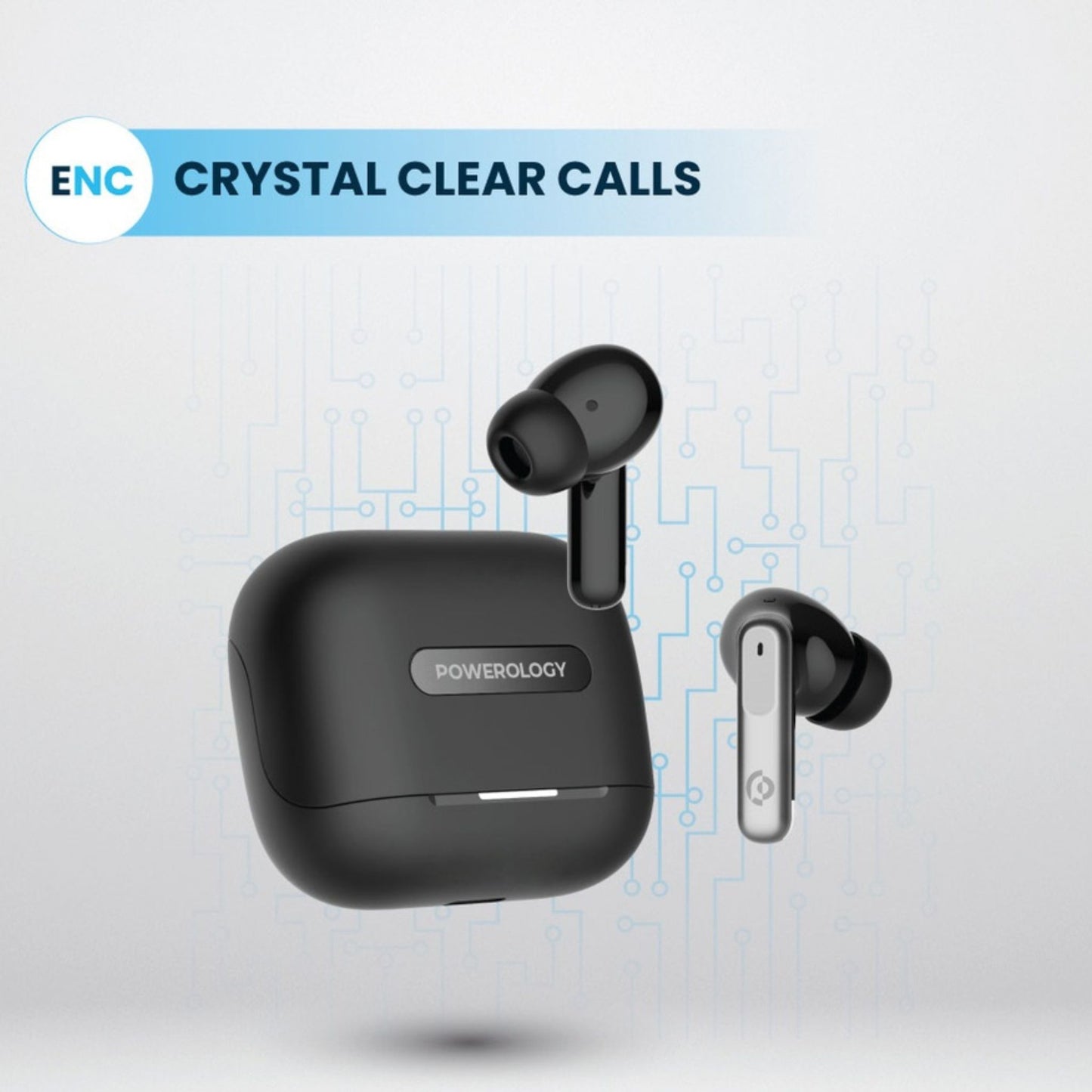 Powerology Hybrid ANC+ENC 6Mic Earphone - BT V5.3, Dual EQ Mode for Game and Music, 6-Hour Playtime, Fast Charging, IPX4 Water Resistance, Touch Controls, 350 mAh Charging Case Capacity_Black