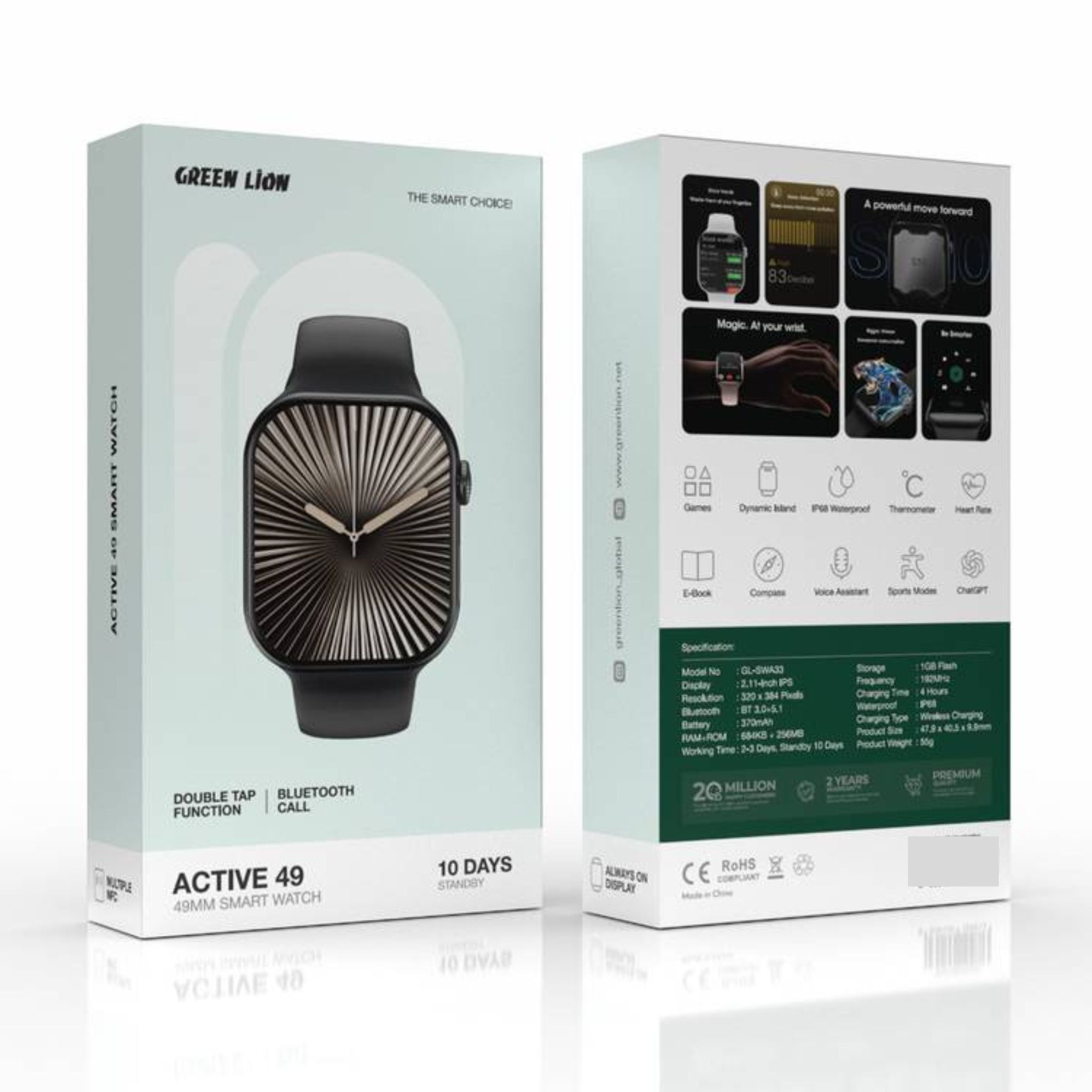 Green Lion Active 10 49mm Smart Watch with Voice Assistant, Bluetooth Calling, Double Tap Function, Heart Rate Monitoring, 3 Hours Charging Time, 2-3 Days Working Time, Chat GPT - Black