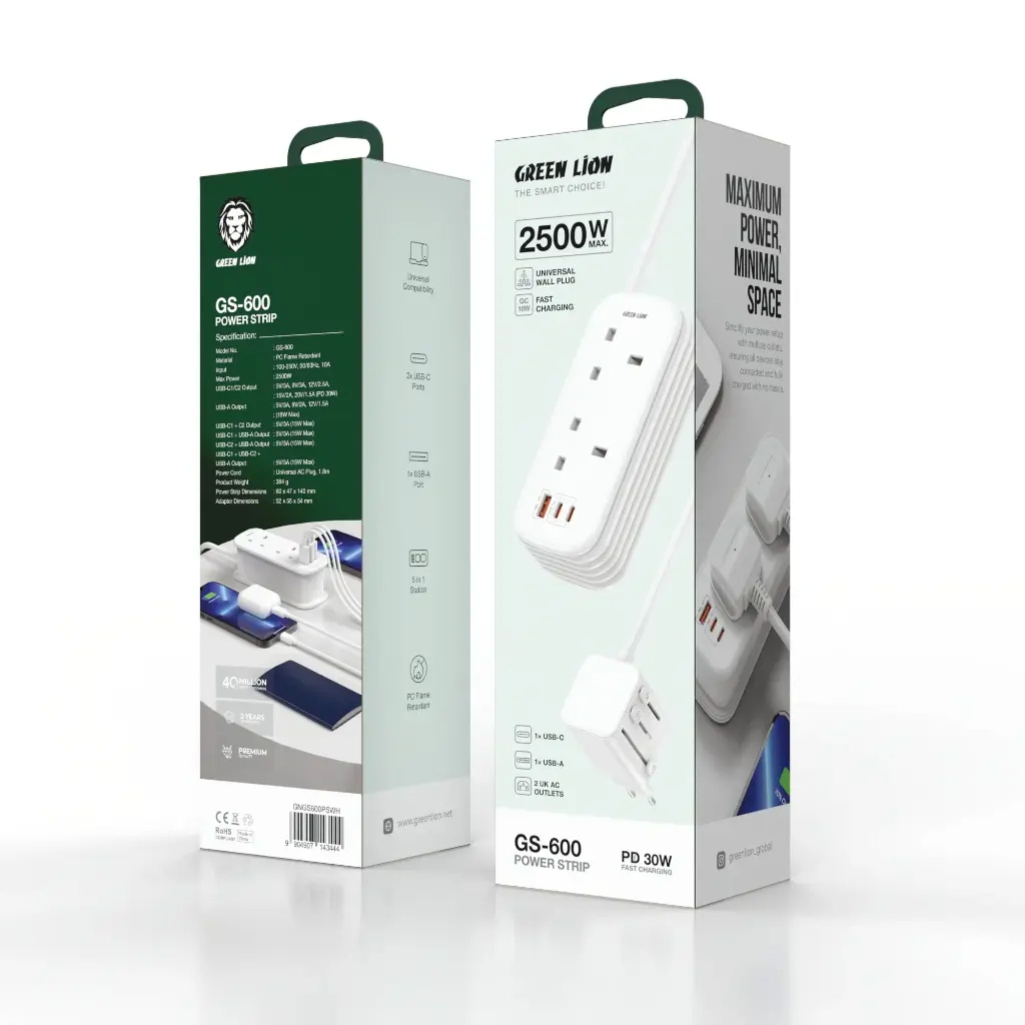 Green Lion GS-600 Power Strip USB-C | USB-A | 2*UK AC Outlets PD 30W - White