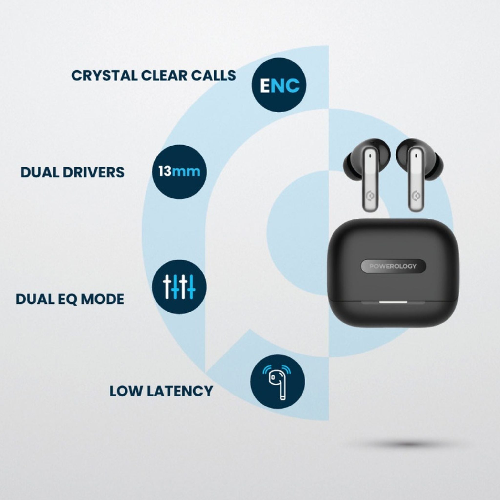 Powerology Hybrid True Wireless Earbuds with ANC + ENC, 6 Microphone, Bluetooth Version 5.3 & Type-C Charging Port - Black