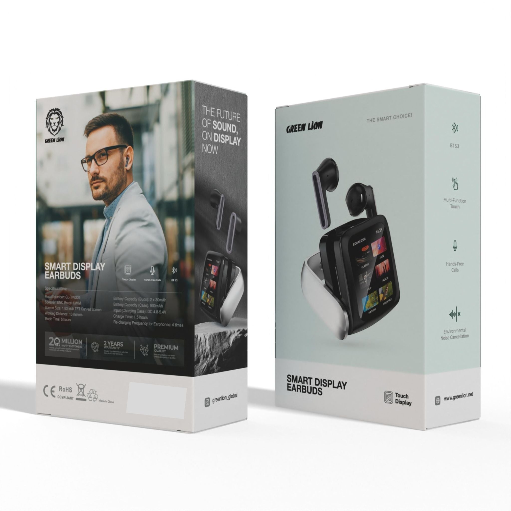 Green Lion Smart Display Earbuds with Multi-Function Touch Screen, Up to 5 Hours Play Time, 13mm Brass Speaker Driver, 500 mAh Charging Case Battery, Environmental Noise Cancellation Technology - Black