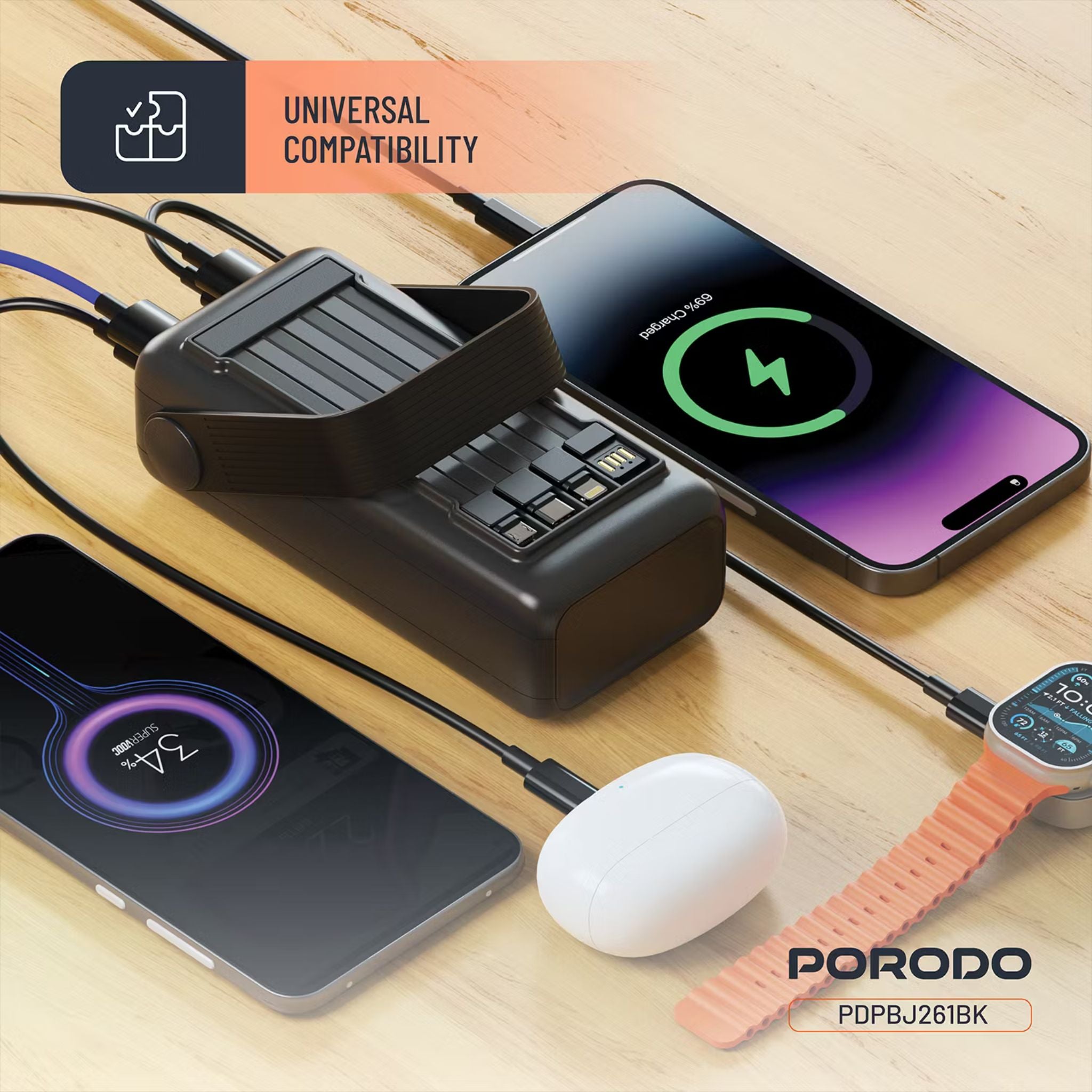 Porodo Lara 30000mAh Power Bank with Flashlight, Portable Handle, PD 20W, Fast Charging, ×2 USB-A & USB-C & Micro Ports, 4 Integrated Cables, Universal Compatibility - Black