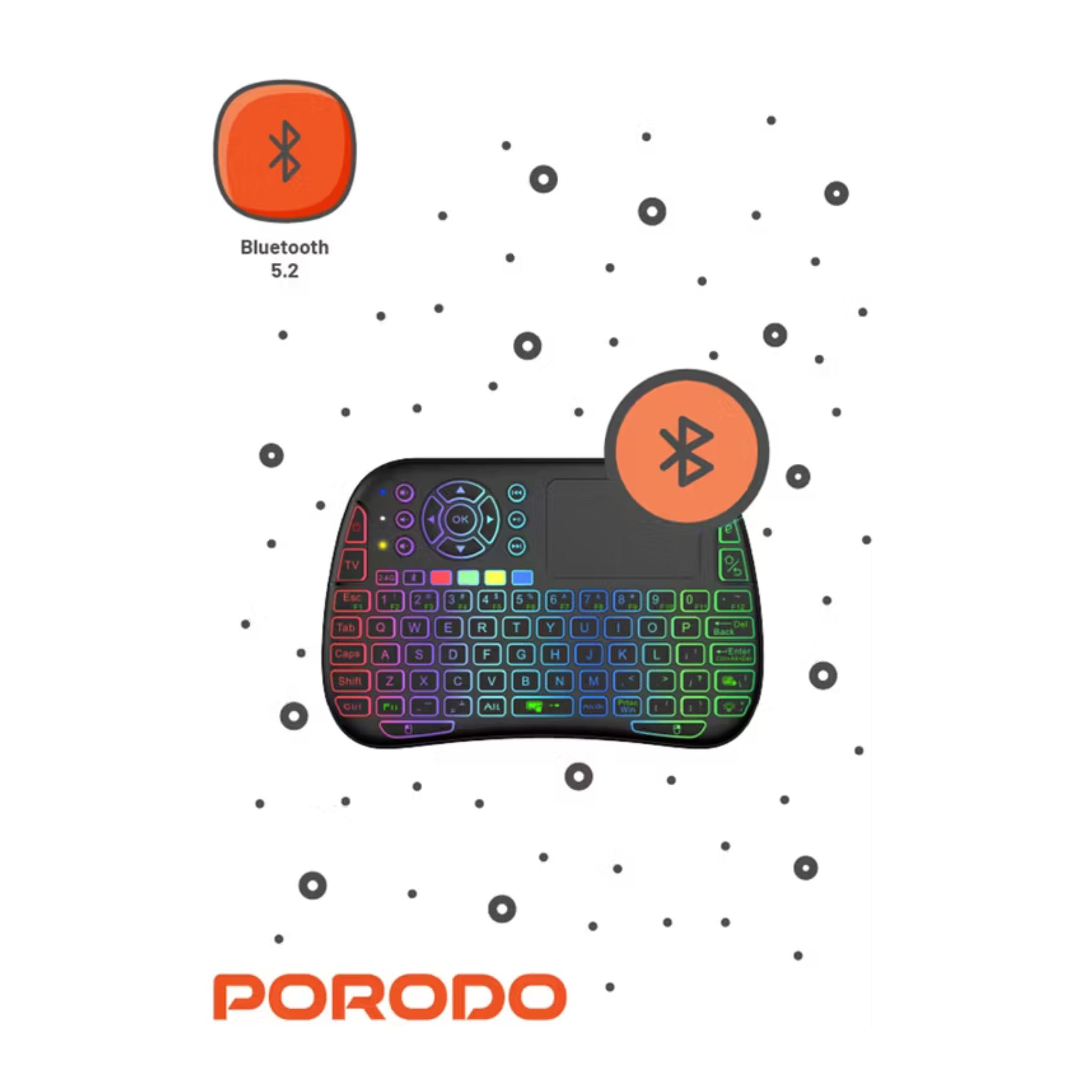 Porodo Gaming Remote Keyboard & Mouse with Programmable Buttons, Gesture Recognition, 10m Operational Range, 84 Keys, 5.2 Bluetooth, 300mAh Battery - Black