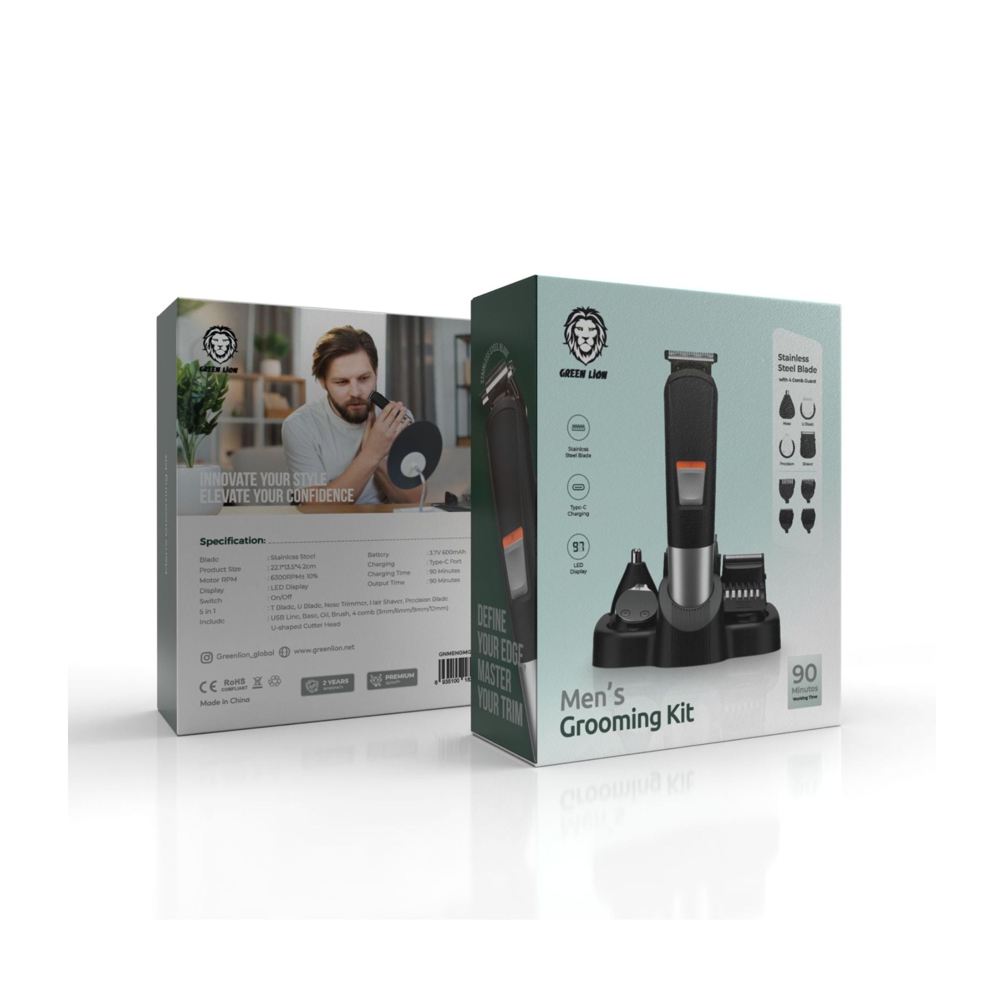 Green Lion Men's Grooming Set with Up to 90 Minutes Working Time, 6300RPM Motor Speed, 600mAh Battery Capacity, Stainless Steel Blade, LED Display - Black