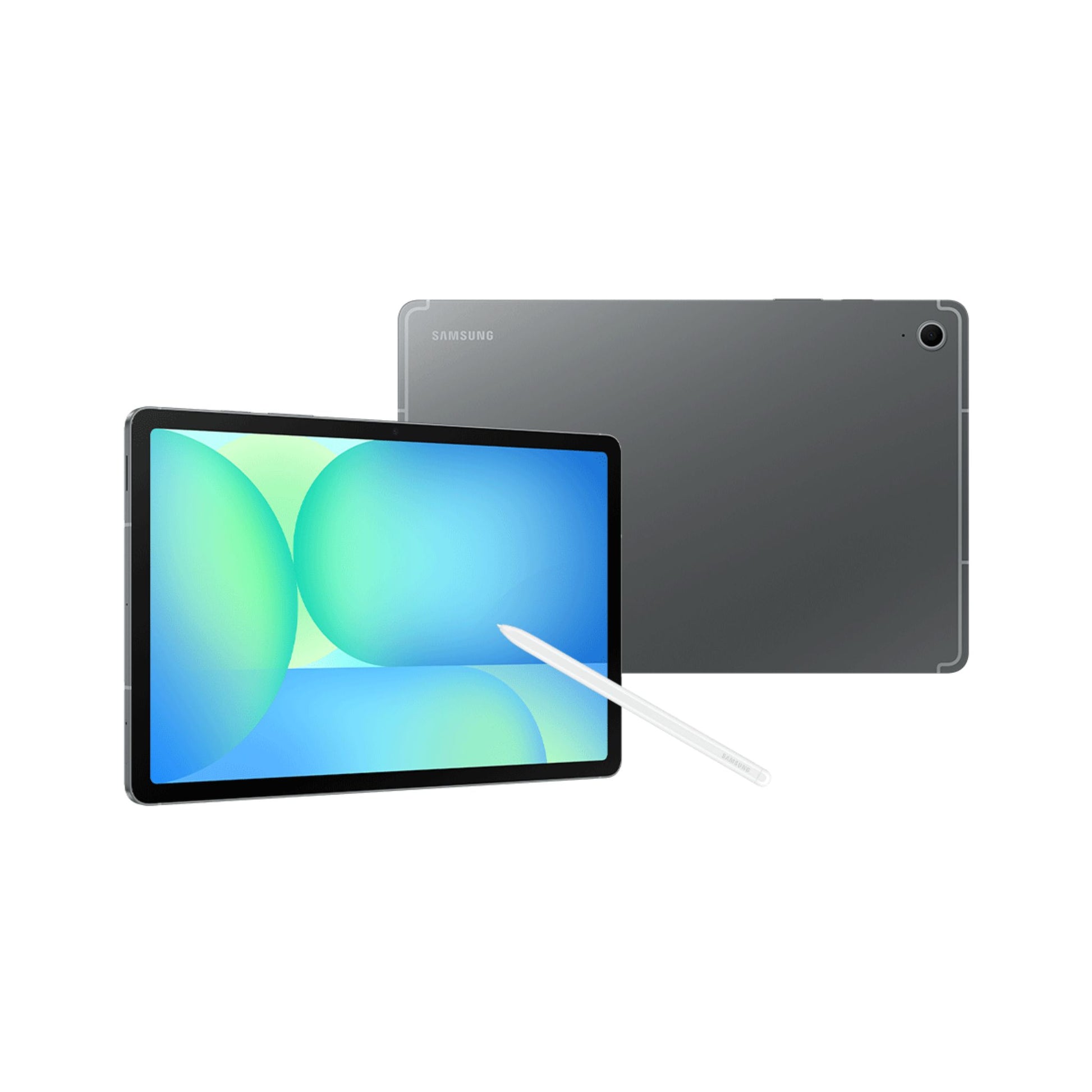 Tablet with stylus and back view on a white background