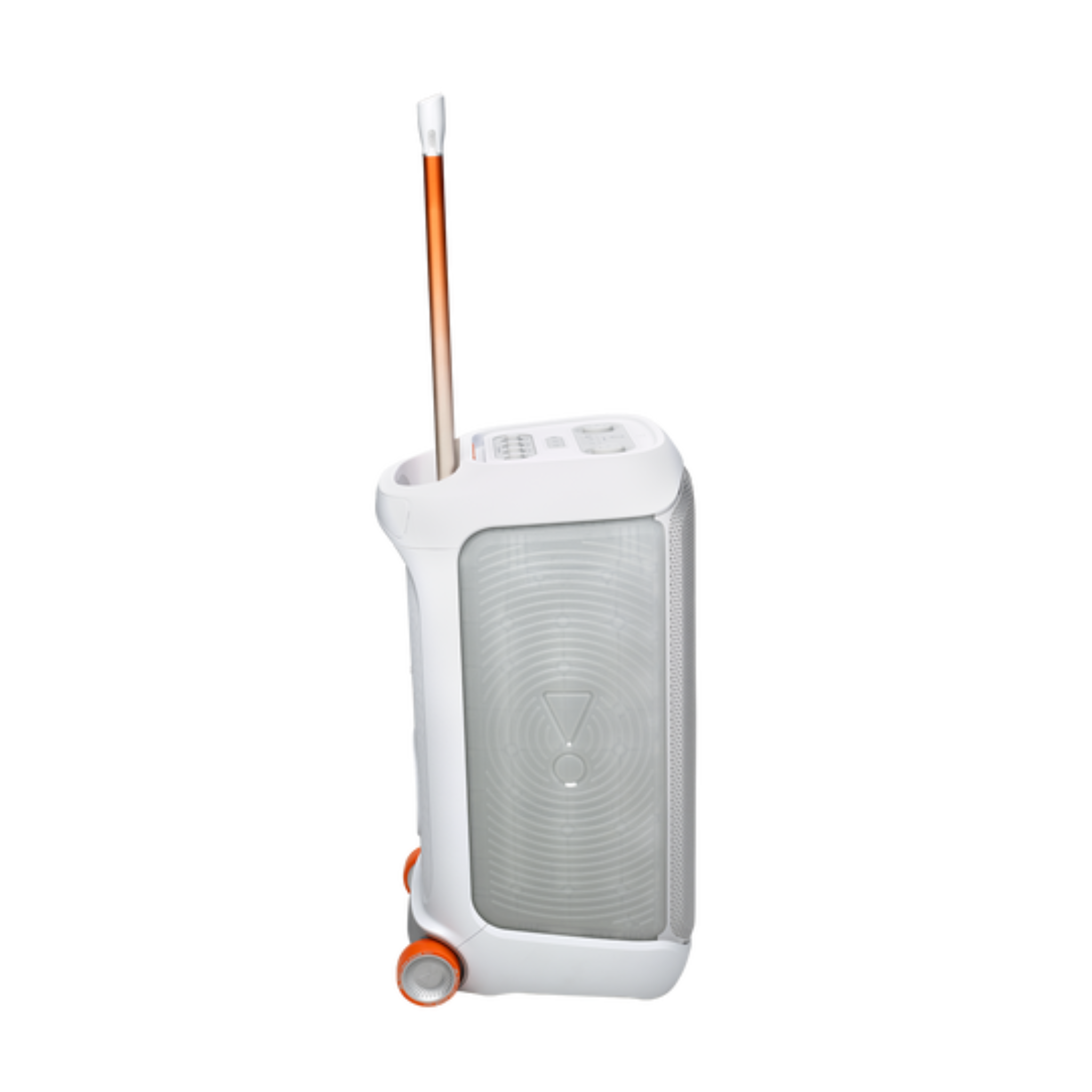 JBL Partybox 320, Portable Bluetooth 240W Party Speaker, AI Sound Boost, Futuristic Light Show, Multispeaker Connection by Auracast, Telescopic Handle & Wheels, Dual Guitar & Mic Inputs - White