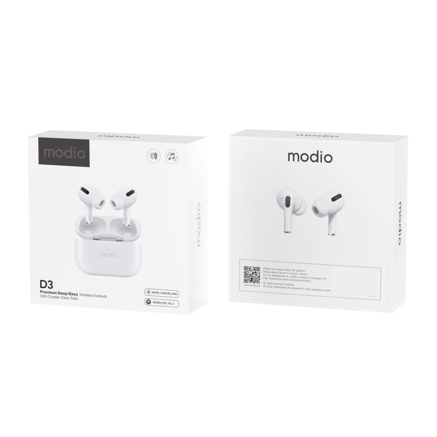 Modio D3 Deep Bass Wireless Earbuds with Crystall Clear Calls|Noise Cancelling| Wireless V5.3|250mAh Case Battery _White