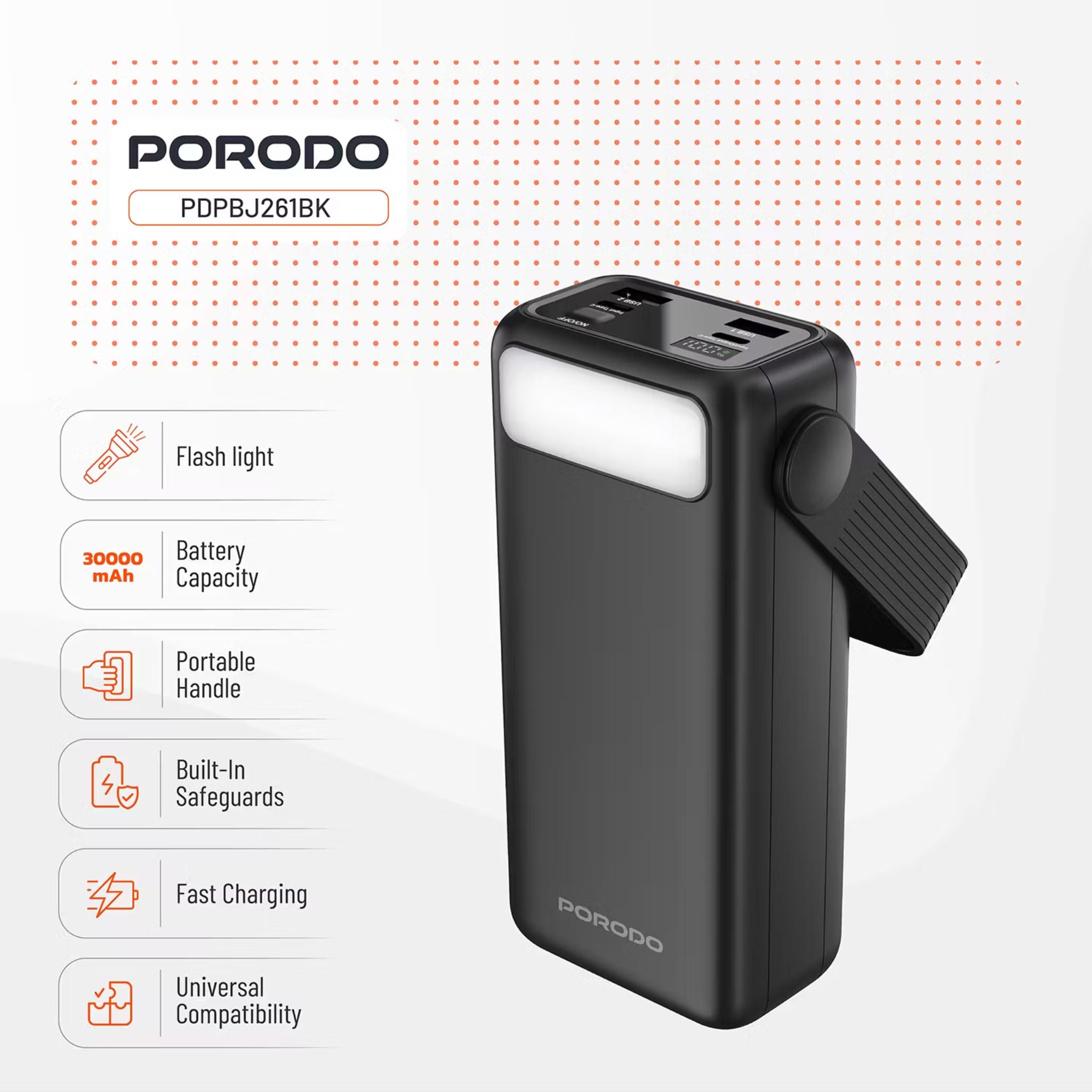 Porodo Lara 30000mAh Power Bank with Flashlight, Portable Handle, PD 20W, Fast Charging, ×2 USB-A & USB-C & Micro Ports, 4 Integrated Cables, Universal Compatibility - Black
