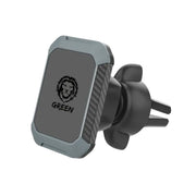 A black Green Lion brand magnetic car phone holder with 360 degree rotation capability, designed to be mounted on a vehicle's air conditioning vent.