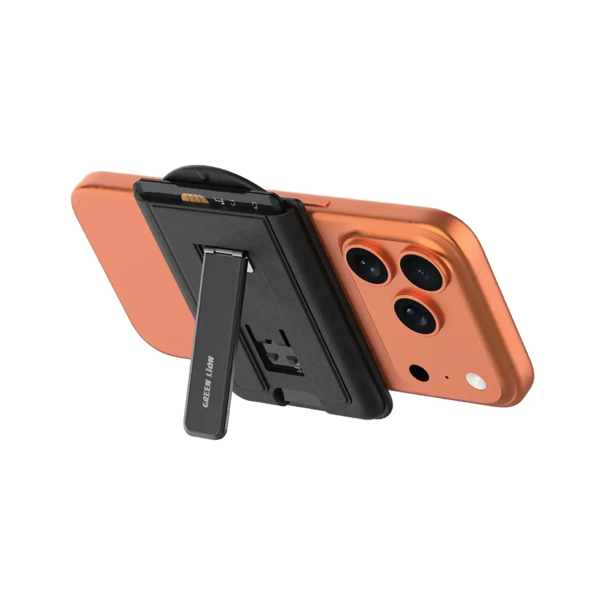 Green Lion Mag Wallet Kickstand Card Holder, MagSafe Compatible, Ultra-Slim Design, 2-Card Storage, N52 ×21 Magnets, Adjustable Kickstand 0°–135°, Aluminum Alloy + PC – Black