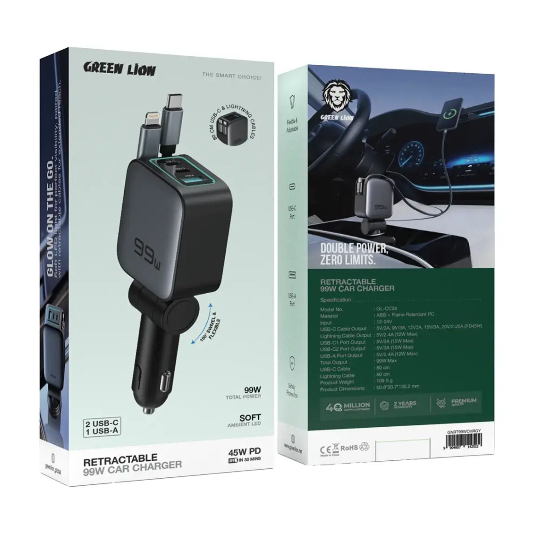 Green Lion Retractable 99W Car Charger - Black