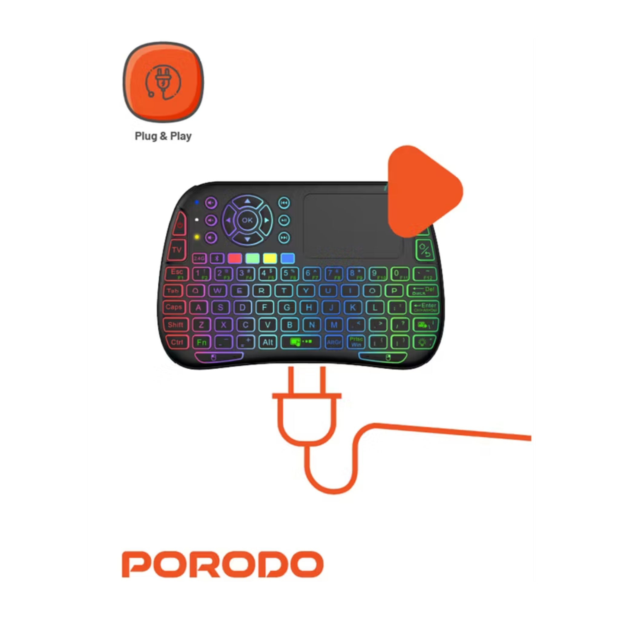 Porodo Gaming Remote Keyboard & Mouse with Programmable Buttons, Gesture Recognition, 10m Operational Range, 84 Keys, 5.2 Bluetooth, 300mAh Battery - Black