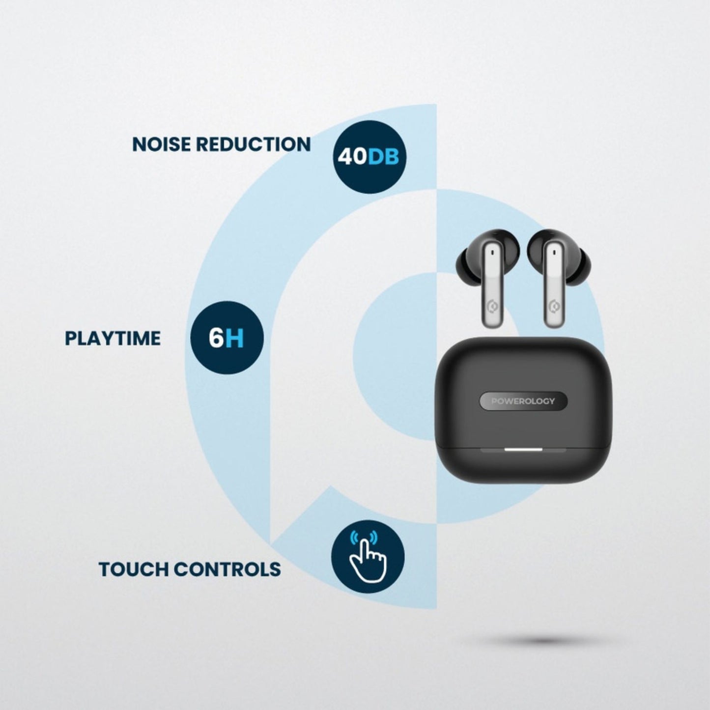 Powerology Hybrid ANC+ENC 6Mic Earphone - BT V5.3, Dual EQ Mode for Game and Music, 6-Hour Playtime, Fast Charging, IPX4 Water Resistance, Touch Controls, 350 mAh Charging Case Capacity_Black