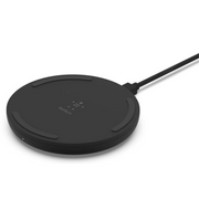 Black wireless charging pad with cable on a white background