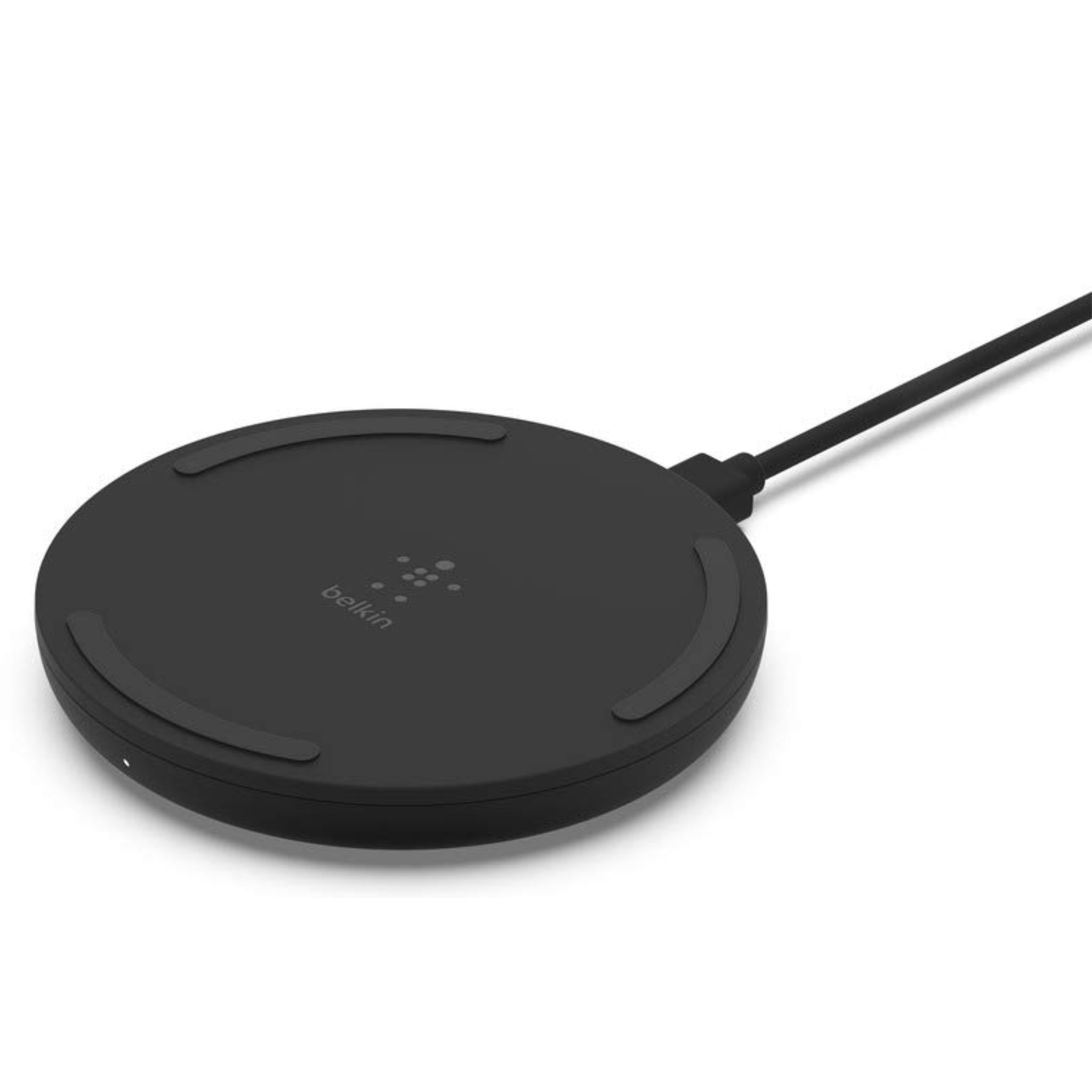 Black wireless charging pad with cable on a white background